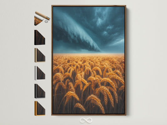 Wheat Field artwork in a brown frame. The artwork features a golden wheat field under a stormy sky. Various frame options are displayed showcasing different styles. Perfect Farmhouse wall art.