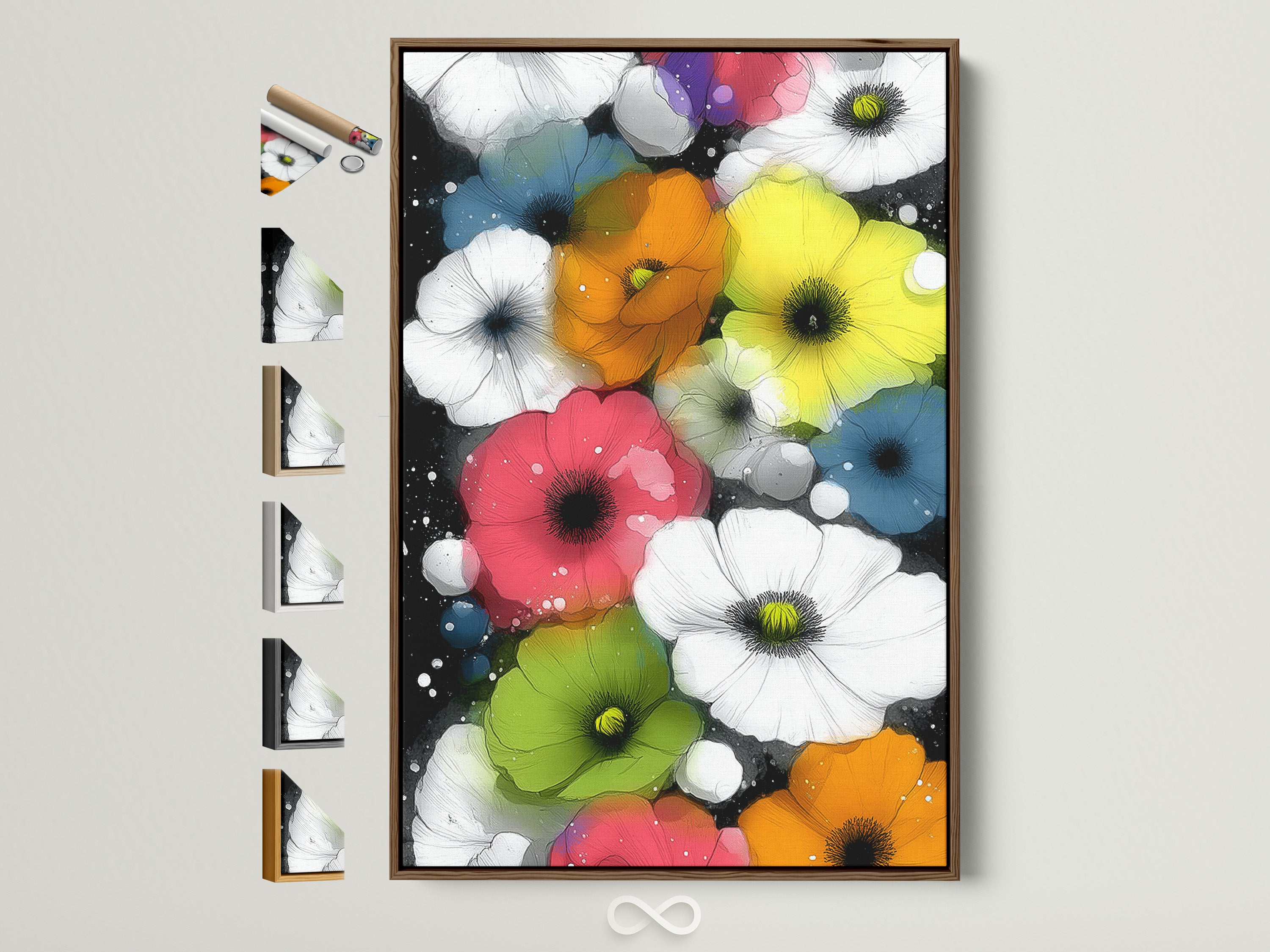 A vibrant floral artwork featuring colorful poppies is displayed in a brown frame. This framed artwork adds a touch of modern botanical style to any room. See frame options. Perfect for adding a pop of color and contemporary art to your living space. Explore floral canvas prints and botanical posters.