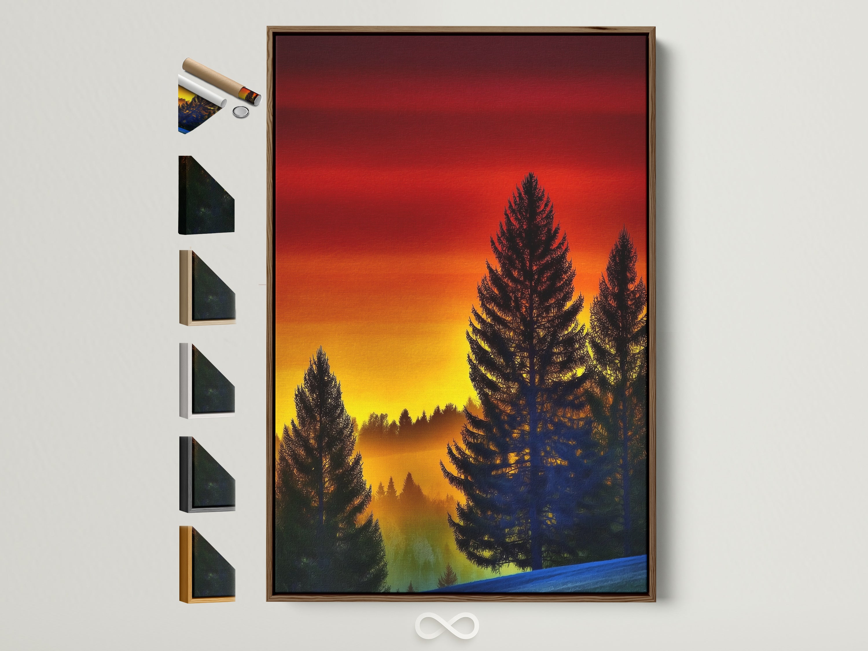 A warm tone nature artwork in a brown frame. This forest sunset canvas print features a silhouette of pine trees. Ideal rustic wall art for living rooms bedrooms and cabins. The artwork enhances farmhouse woodland or traditional decor styles.