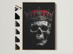 Gothic crown wall art featuring a skull king canvas print is displayed in a brown frame. This dark macabre artwork adds an elevated touch to home decor. See frame options on the side. Perfect for gothic industrial minimalist or eclectic styles.