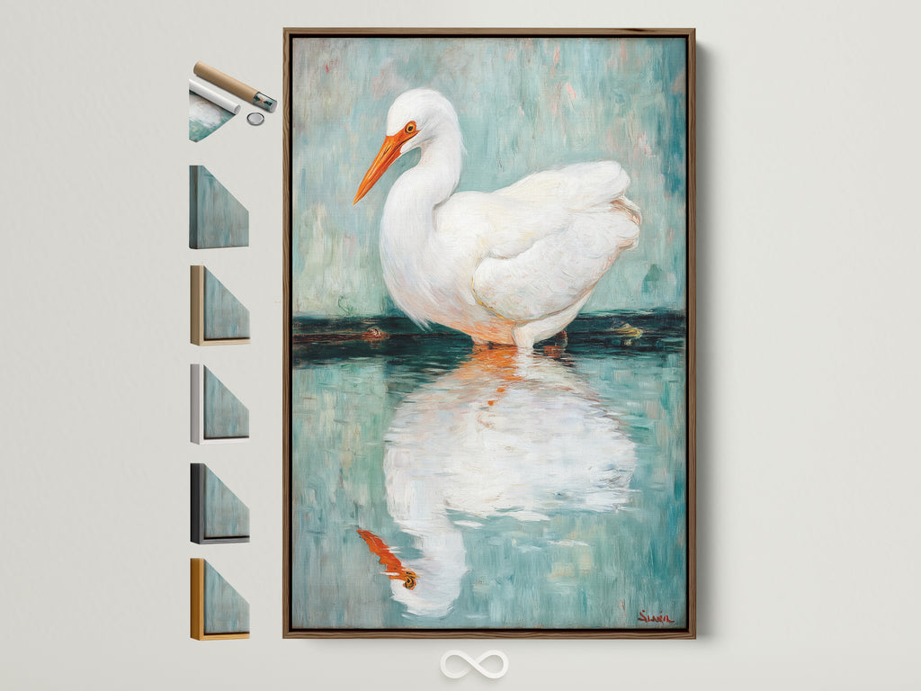 Explore framing options for your coastal bird wall art. This image showcases the Egret canvas print with a brown frame. See all available frame styles displayed beside the artwork. Perfect for homeowners and interior designers seeking serene avian artwork. Elevate your living room or bathroom decor with this nature-inspired piece.