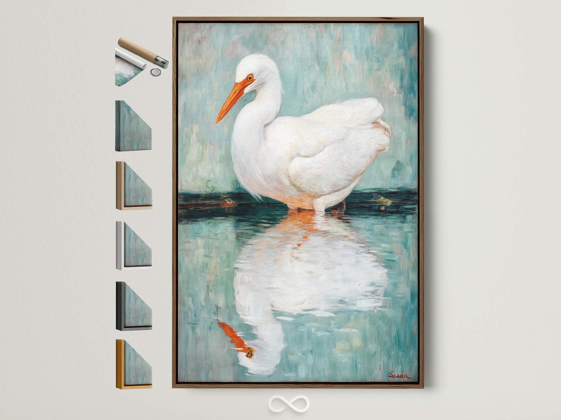 Explore framing options for your coastal bird wall art. This image showcases the Egret canvas print with a brown frame. See all available frame styles displayed beside the artwork. Perfect for homeowners and interior designers seeking serene avian artwork. Elevate your living room or bathroom decor with this nature-inspired piece.