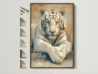 Majestic white tiger artwork in a brown frame. This wildlife canvas print features a big cat in a relaxed pose. See all frame options for this safari animal art. Perfect for office or home decor.
