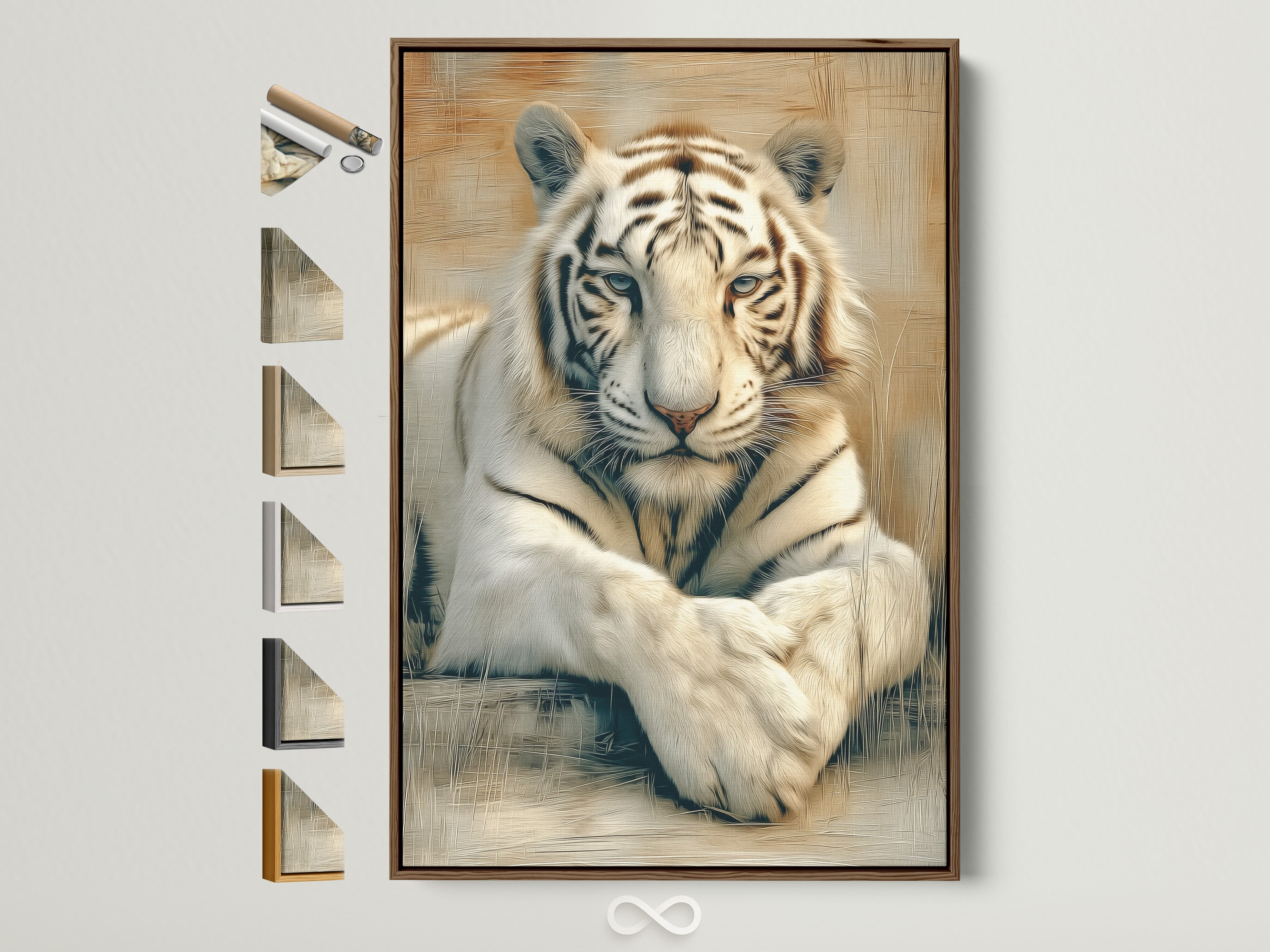 Majestic white tiger artwork in a brown frame. This wildlife canvas print features a big cat in a relaxed pose. See all frame options for this safari animal art. Perfect for office or home decor.