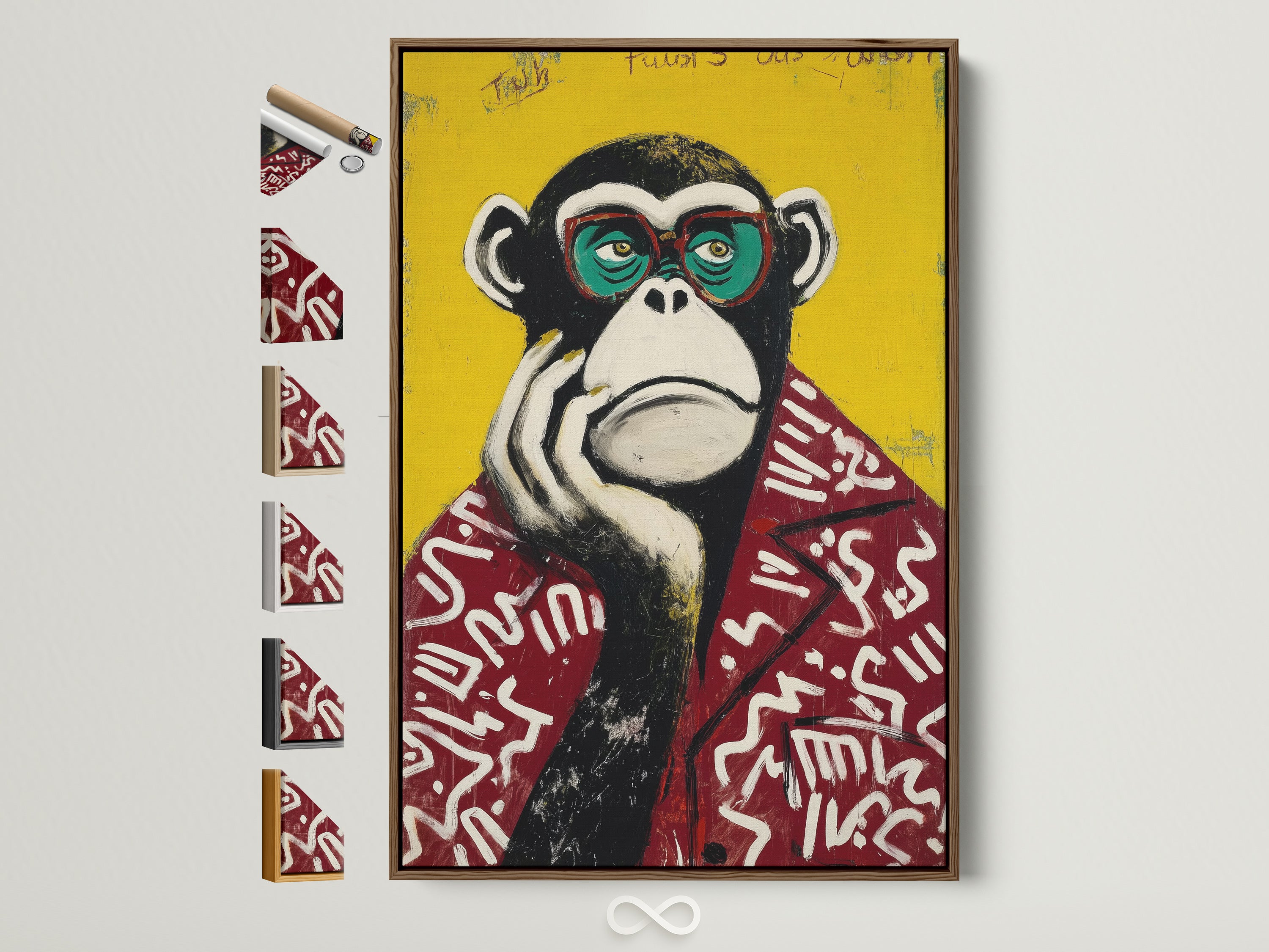 Pop Art Primate canvas wall art in a brown frame. The artwork features a monkey wearing glasses and a patterned red jacket. Frame options are displayed on the side. This contemporary animal artwork adds a playful touch to any space. Perfect for office wall art or funky home decor.  A colorful and quirky addition to any art collection.