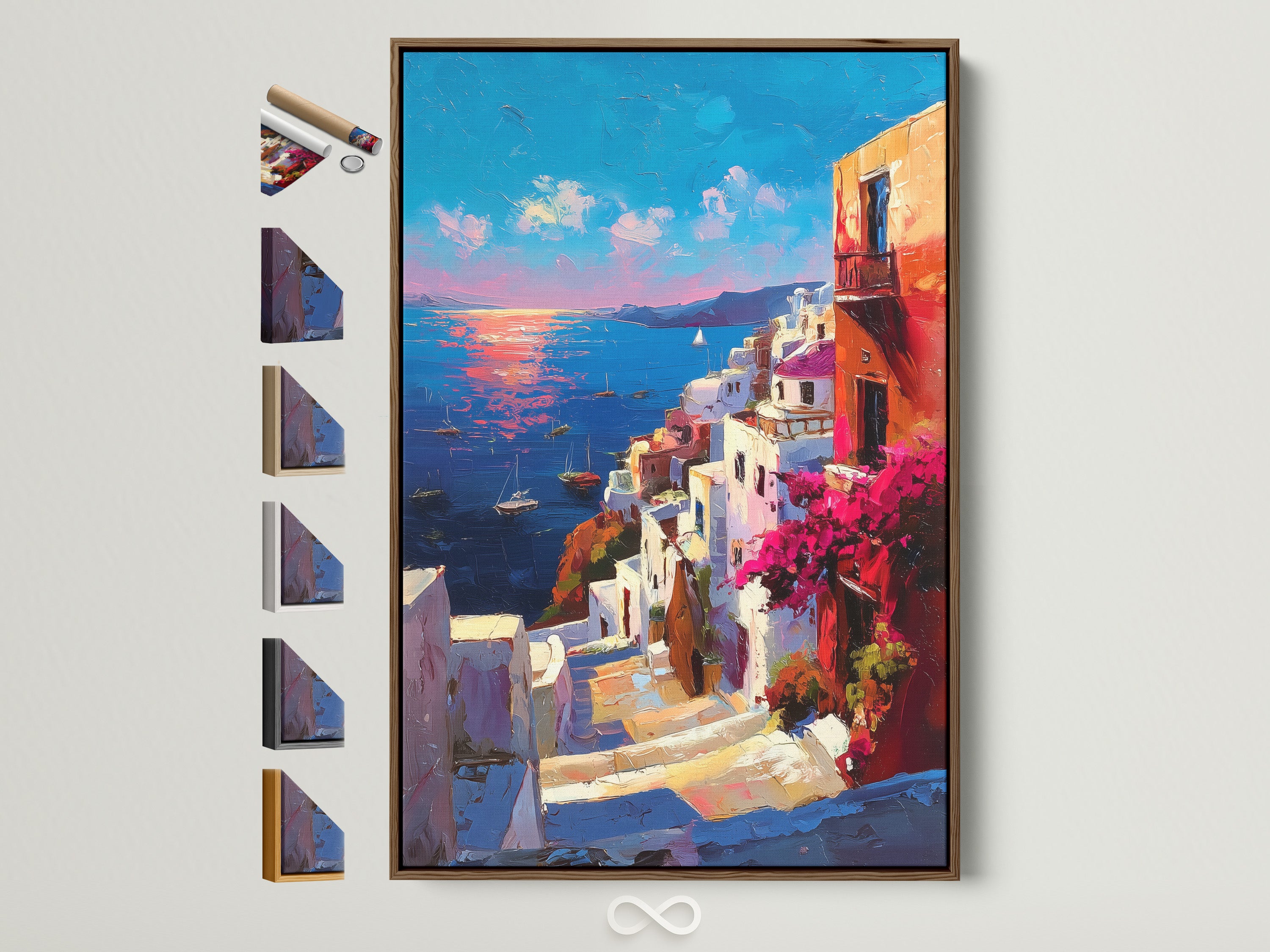 Artwork in a brown frame is displayed. Various frame options are presented on the side. Explore diverse framing styles for your artwork. Find the perfect match for your taste. Elevate your walls with framed art.
