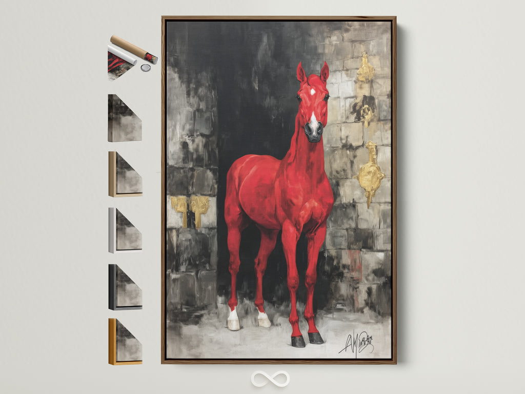 A striking red horse artwork is displayed in a brown frame. See all available frame options for this modern animal artwork. Perfect for a study room or as equestrian wall art. The frame enhances the bold animal print.