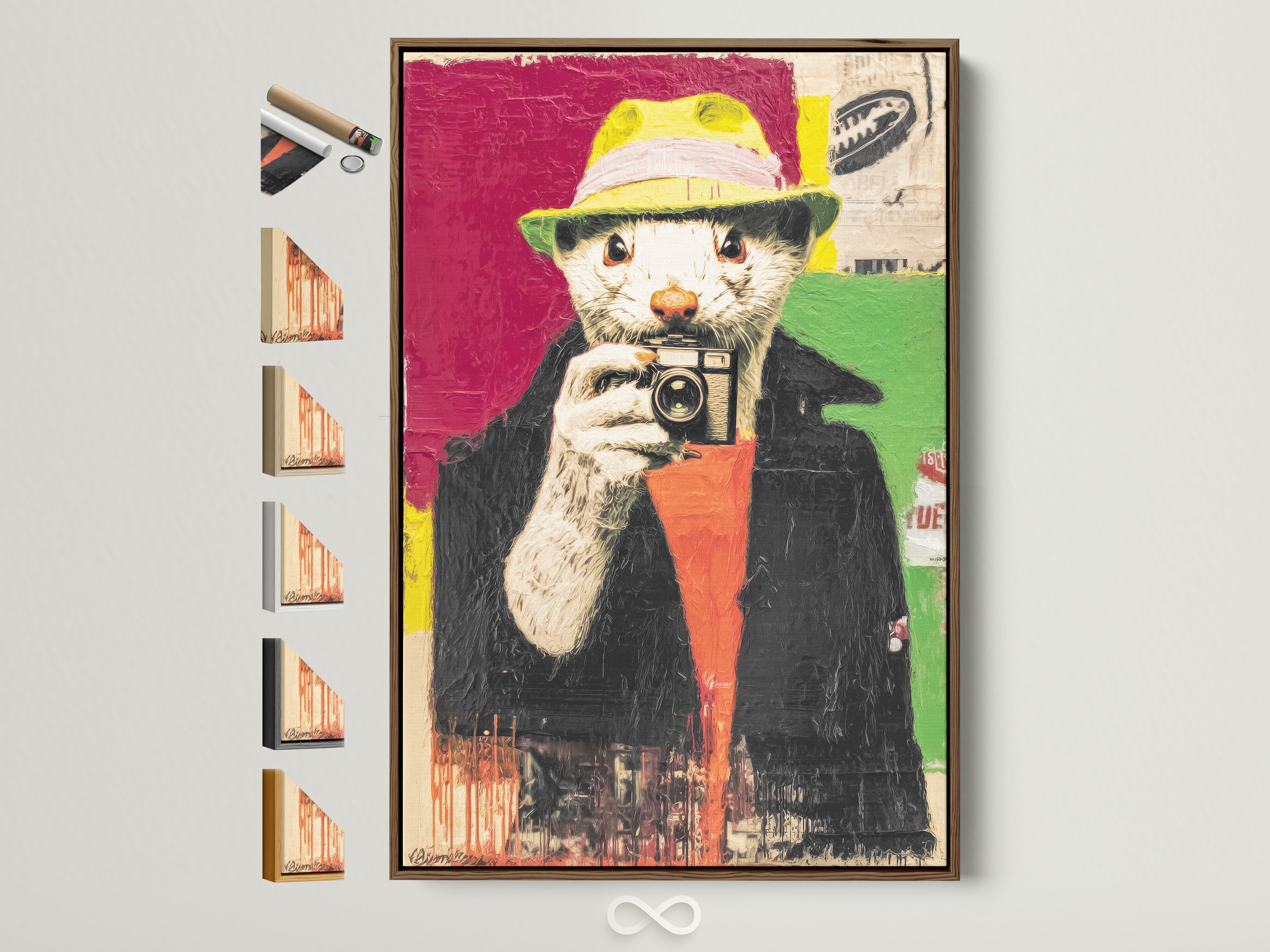 Browse our frame options for the Hipster Otter artwork. The brown frame is displayed with all available frame styles on the side. Find the perfect frame to match your decor. Add a unique touch to your home with our customizable framing options.