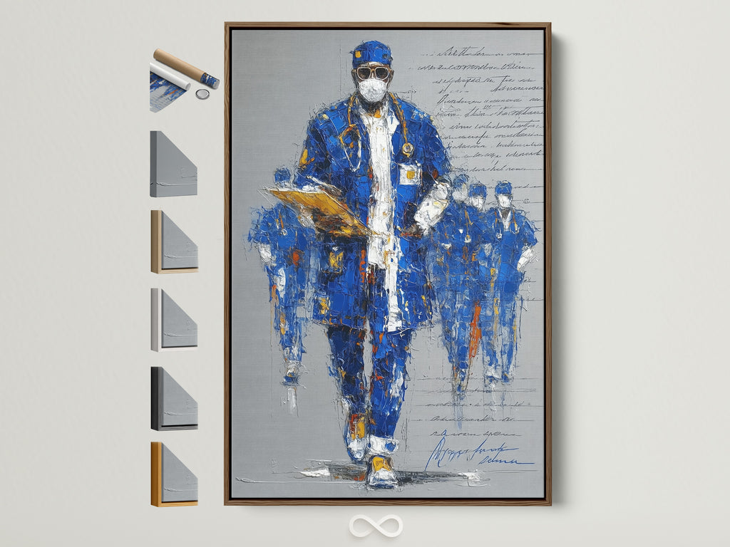Brown frame showcasing various framing choices. A blue abstract portrait of a medical hero is displayed. Explore canvas print fine art poster and floating frame options. Perfect medical office art or doctor gift.