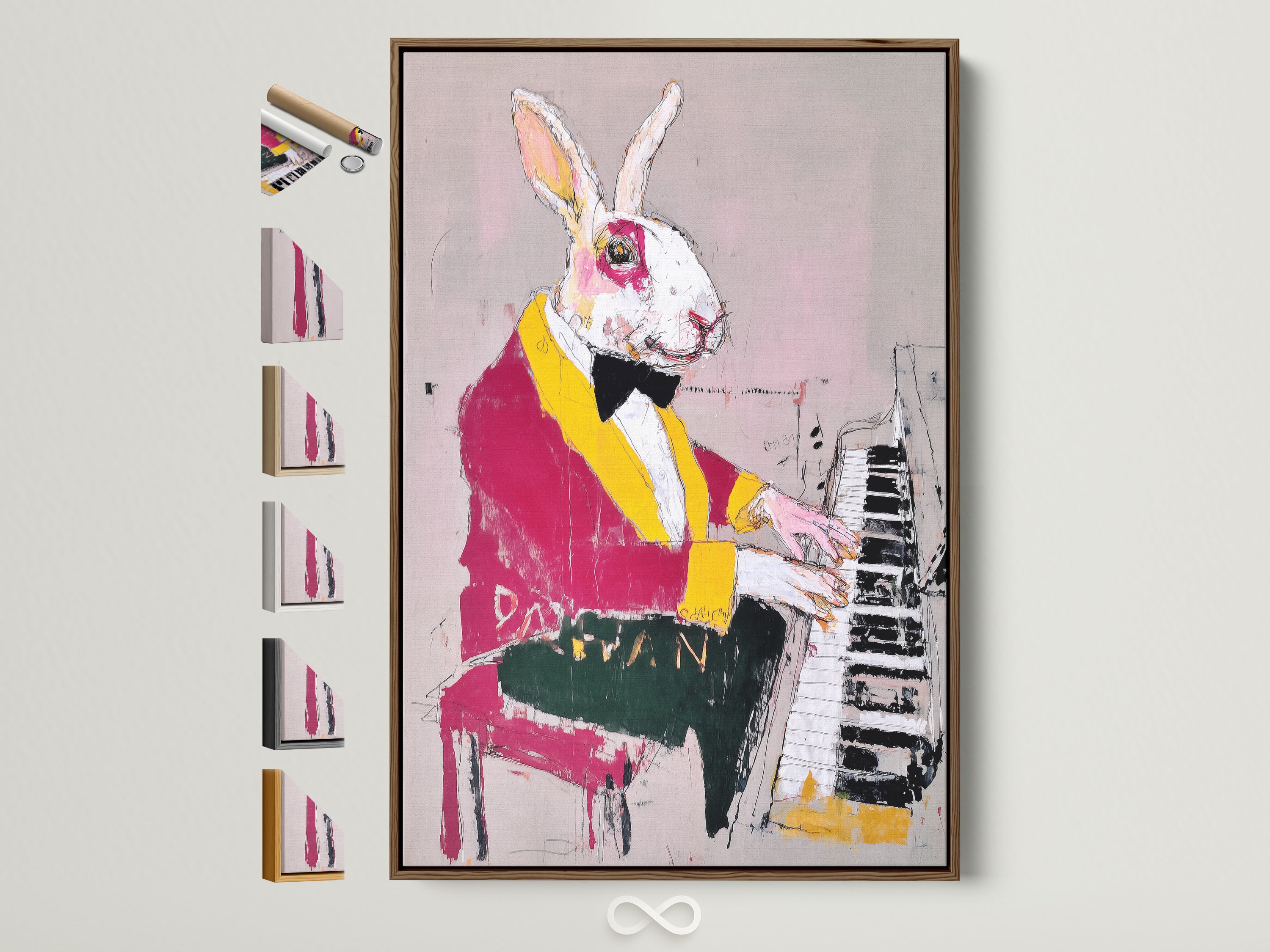 Explore the whimsical Rabbit Pianist artwork. The artwork is displayed in a brown frame. See frame options for animal musician art. Perfect for music rooms or studios. Add a touch of artistic charm with this contemporary mixed media print.