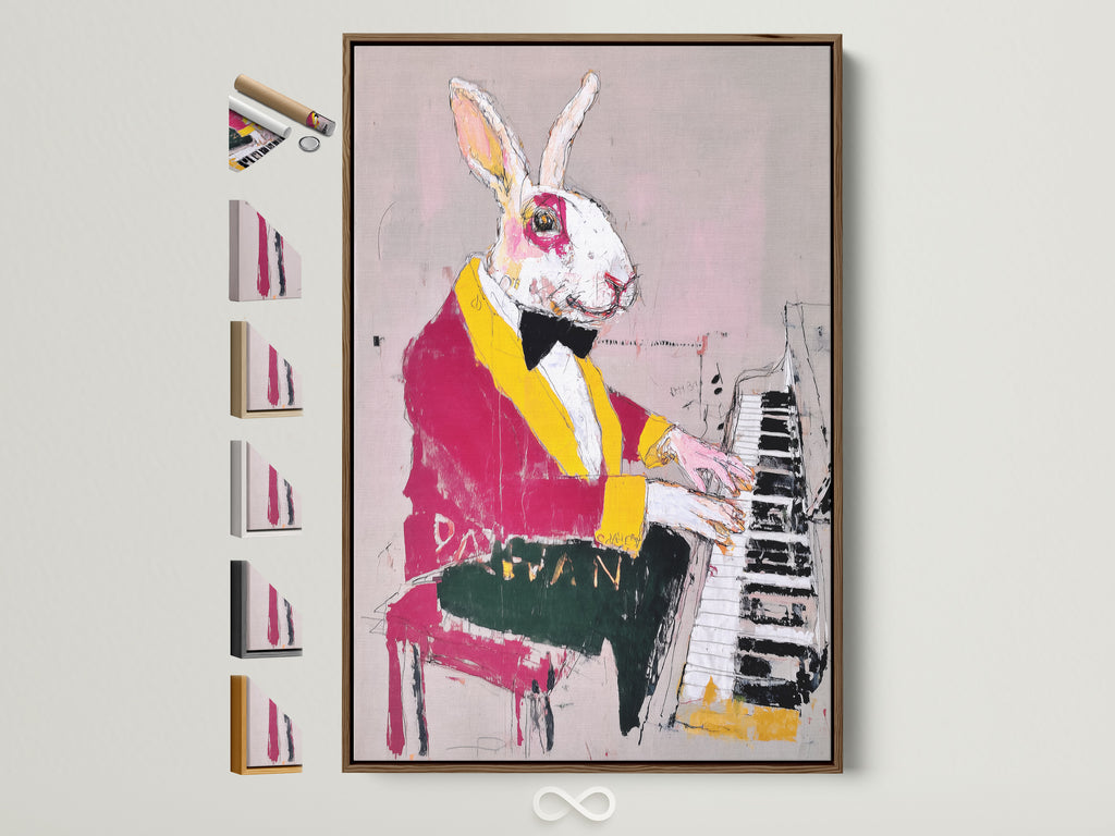 Explore the whimsical Rabbit Pianist artwork. The artwork is displayed in a brown frame. See frame options for animal musician art. Perfect for music rooms or studios. Add a touch of artistic charm with this contemporary mixed media print.