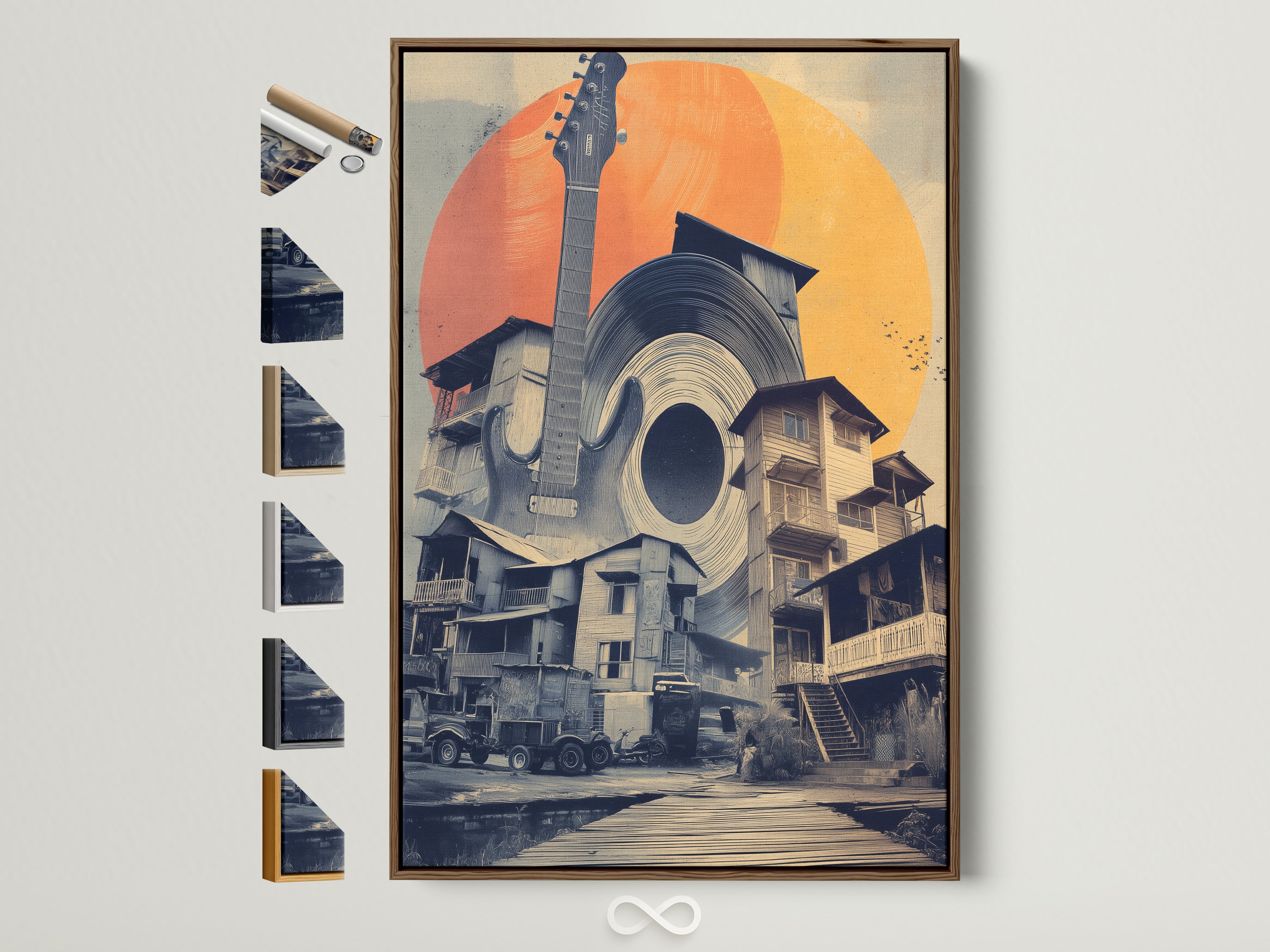 A brown frame showcases the Musical Village canvas print. All available frame options are displayed on the side. This eclectic artwork features a guitar record and village scenery. Perfect for music lovers seeking unique wall decor.