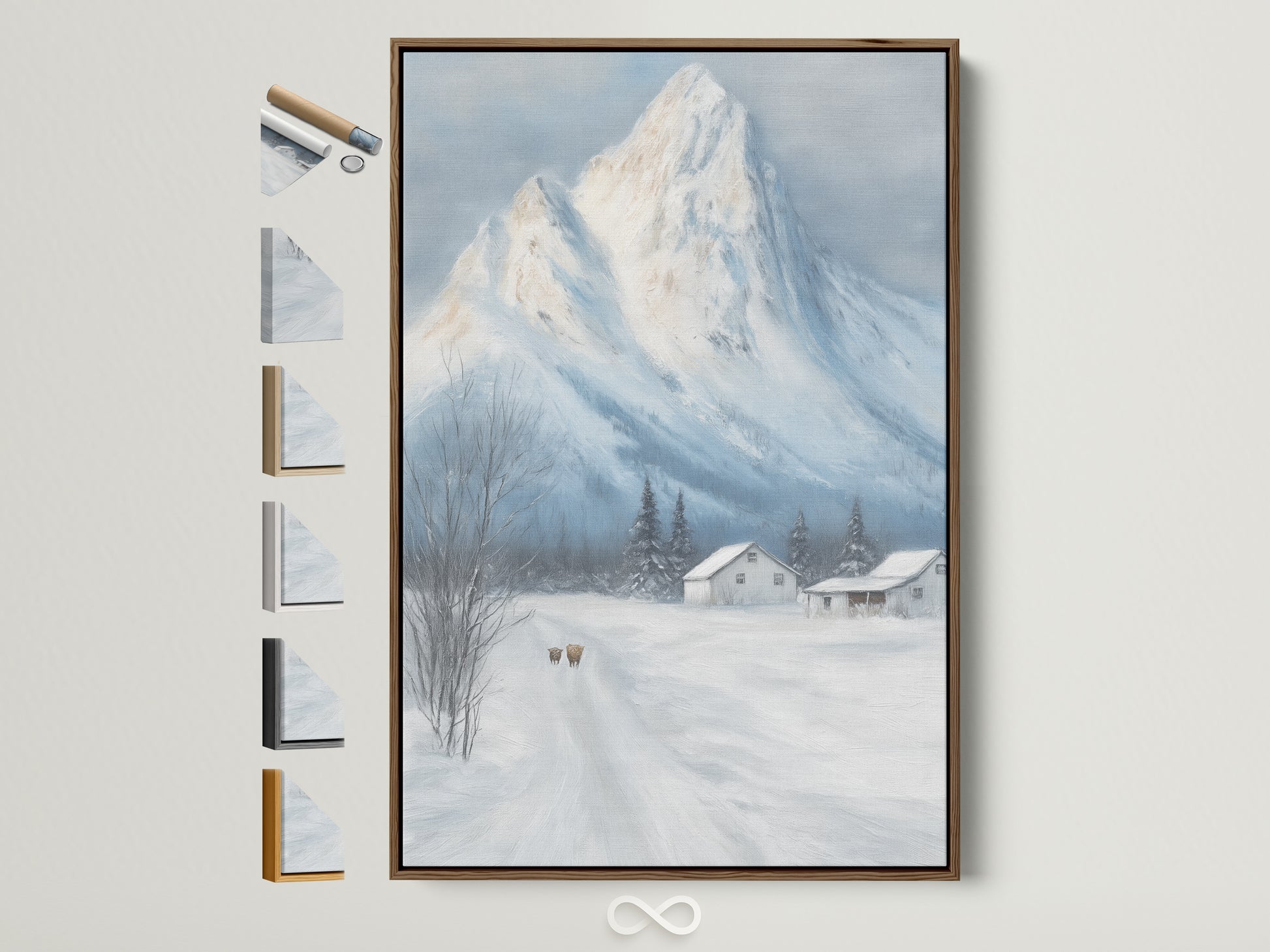 Winter Mountain canvas print in a brown frame is displayed on a white wall. See all frame options to customize your snowy landscape wall art. Perfect farmhouse decor for a cabin. Rustic artwork brings the winter scene to life in any room.