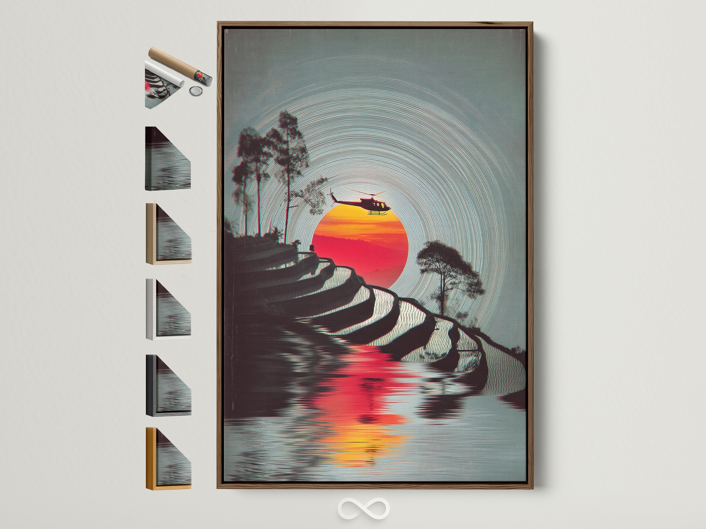 Explore framing options for your terraced rice fields canvas print. A brown frame is showcased among other frame styles. This vintage travel artwork adds retro charm to any room. Perfect wall art for study rooms and home theaters.