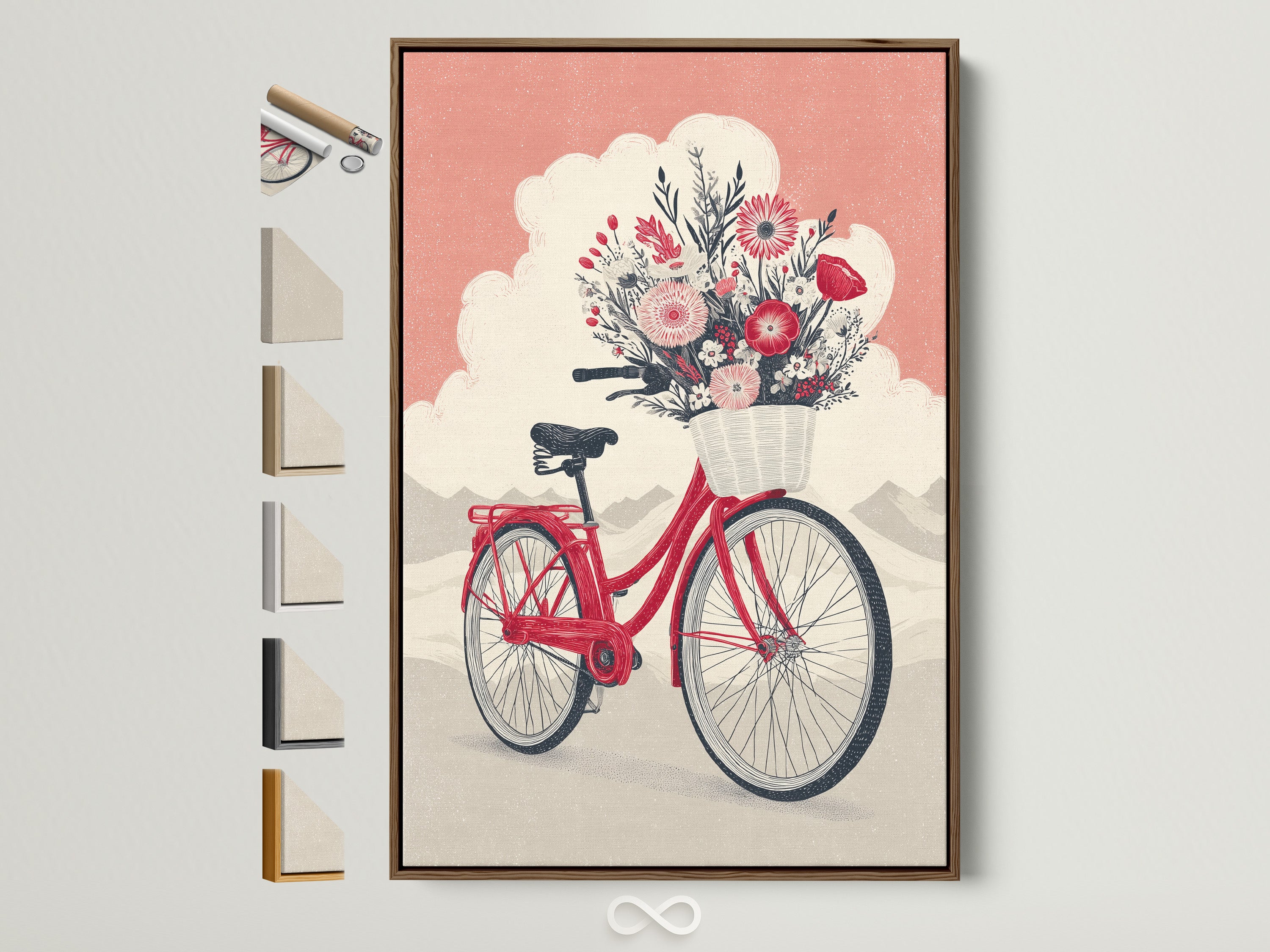 Vintage bicycle art print in a brown frame. A coral pink floral bike is the focal point. Whimsical botanical artwork adds charm. Perfect bedroom wall art or cottagecore decor. This framed art enhances eclectic interiors. The artwork is framed with all frame options displayed on the side.