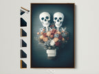 A captivating floral skeleton artwork in a brown frame. Multiple frame options are displayed beside it. The artwork features a gothic macabre theme perfect for Halloween decor. It adds a touch of dark academia to any room. Ideal for art collectors and Halloween enthusiasts.