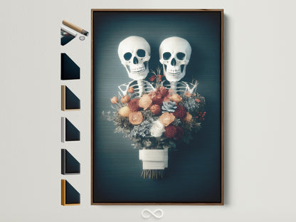 A captivating floral skeleton artwork in a brown frame. Multiple frame options are displayed beside it. The artwork features a gothic macabre theme perfect for Halloween decor. It adds a touch of dark academia to any room. Ideal for art collectors and Halloween enthusiasts.