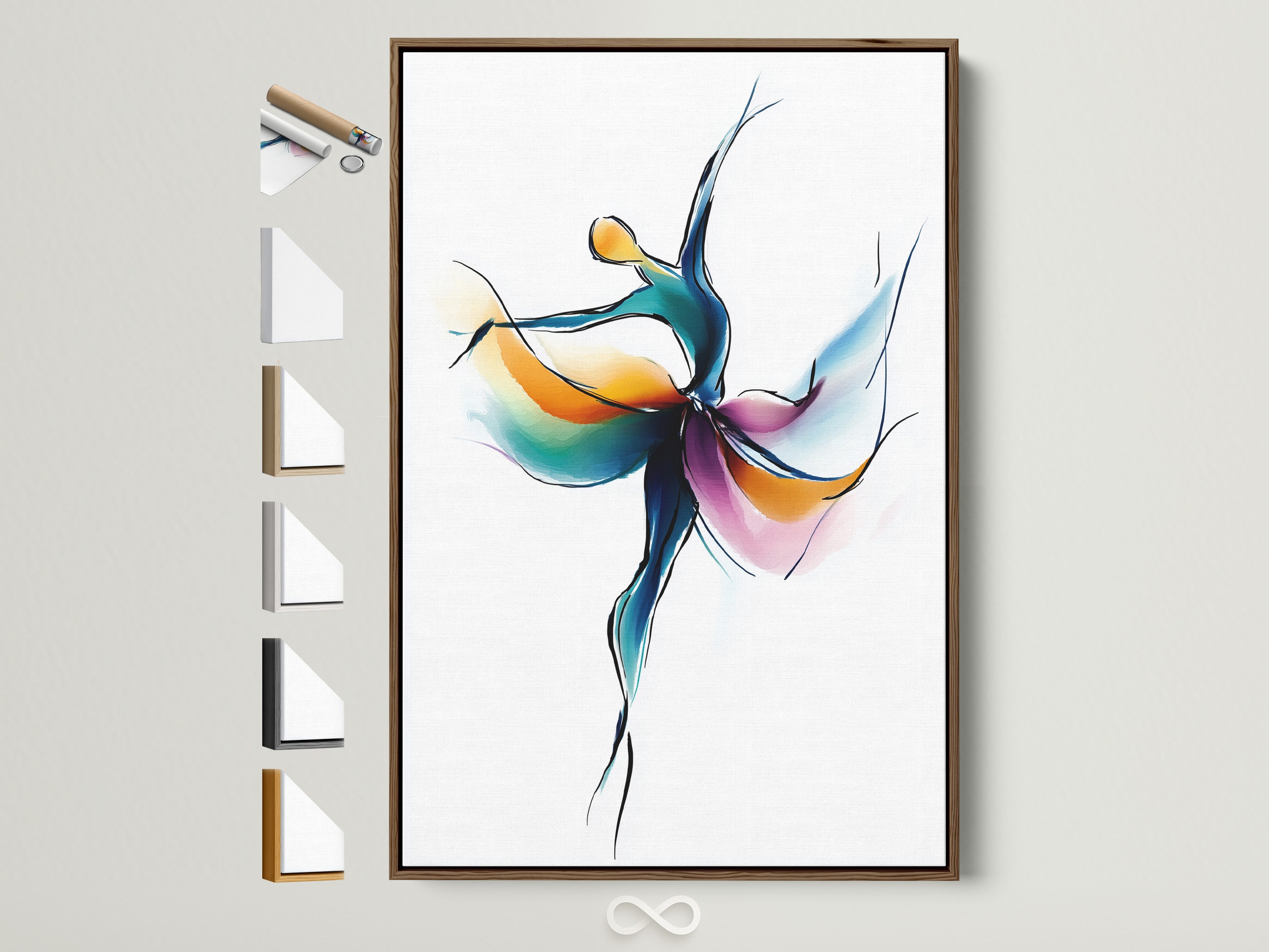Abstract Dancer artwork with a brown frame. See all frame options available. The artwork features a dancer in motion with teal orange and purple hues. Perfect for dance studios or modern art collectors.