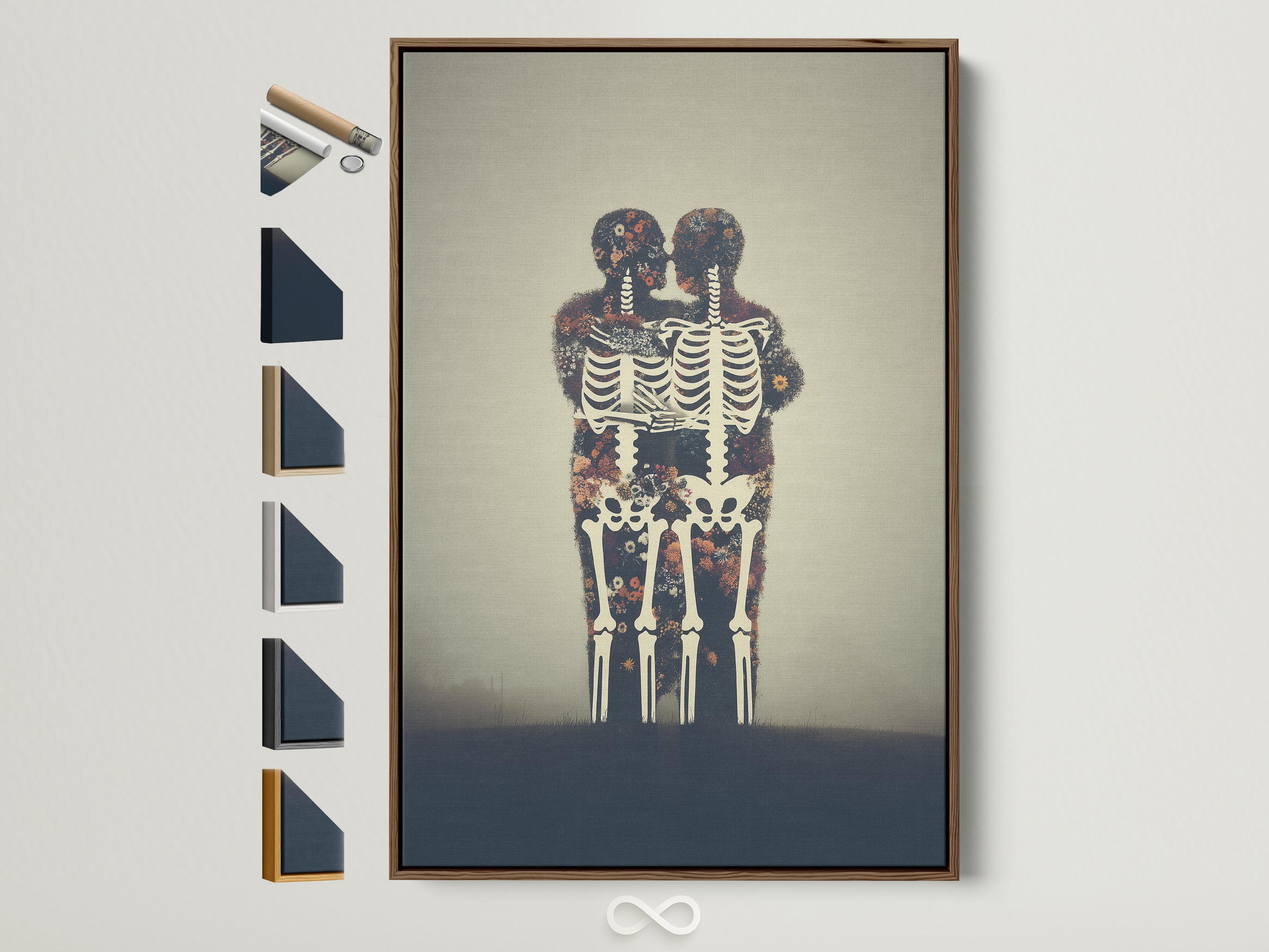 Floral Skeleton artwork is displayed within a brown frame. This is a gothic wall art piece perfect for a study room. The artwork is moody academia decor. Options for frame styles are shown.