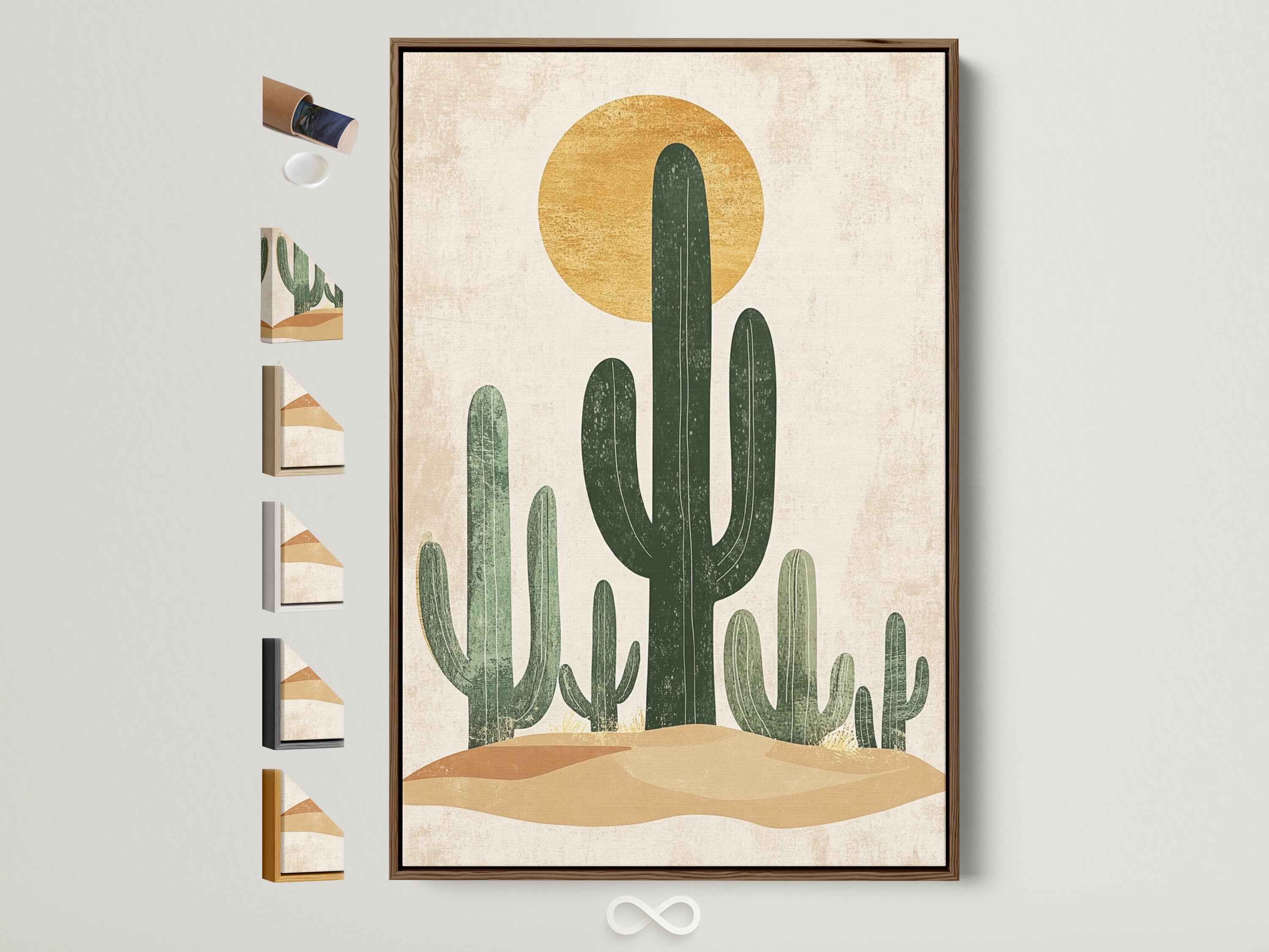 A desert landscape artwork features a variety of floating frame options. See the brown frame alongside white black oak and gold finishes. Each frame enhances the modern cactus artwork differently. Find the perfect frame to match your space. Consider all options for your fine art.