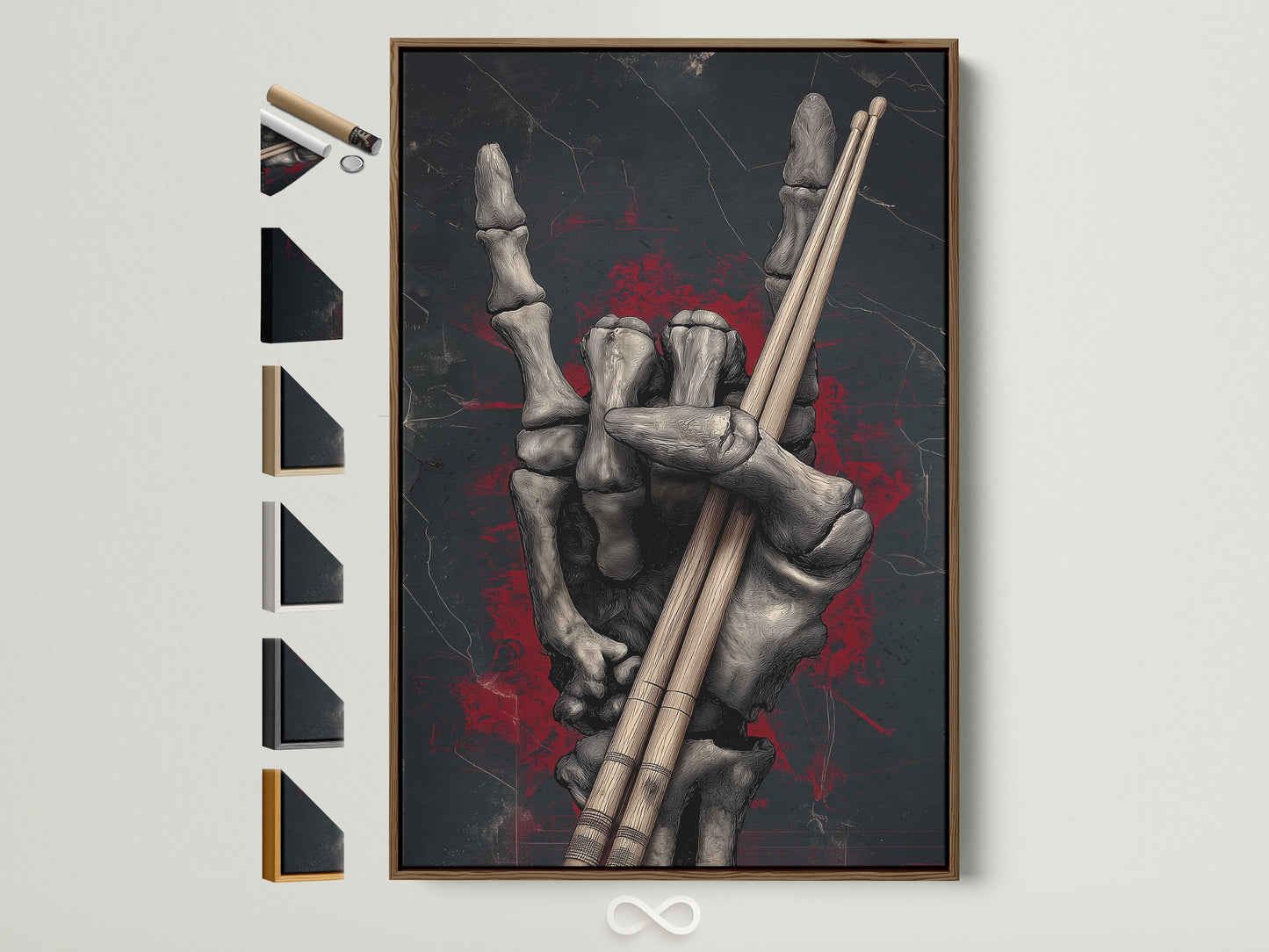 Skeleton Hand Drumsticks artwork with a brown frame. This gothic music wall art is ideal for music studio owners. It's a dark academia canvas print that is a great gift for drummers and studio decor. The primary color is black with a secondary color of red.