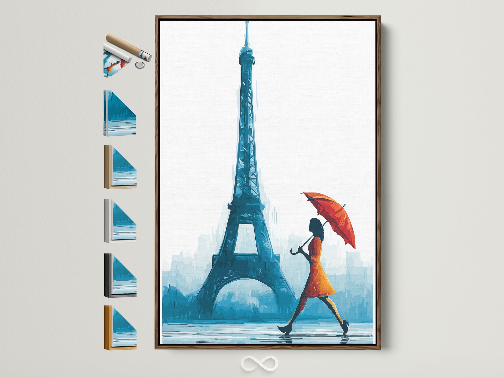 Brown frame showcasing available artwork options. See all frame choices displayed. Find the perfect frame to complement your Eiffel Tower art. Enhance your living room wall art today. Discover Parisian prints and teal blue art to elevate your space. Find office wall decor and travel canvas prints. Explore French artwork and Parisian decor options