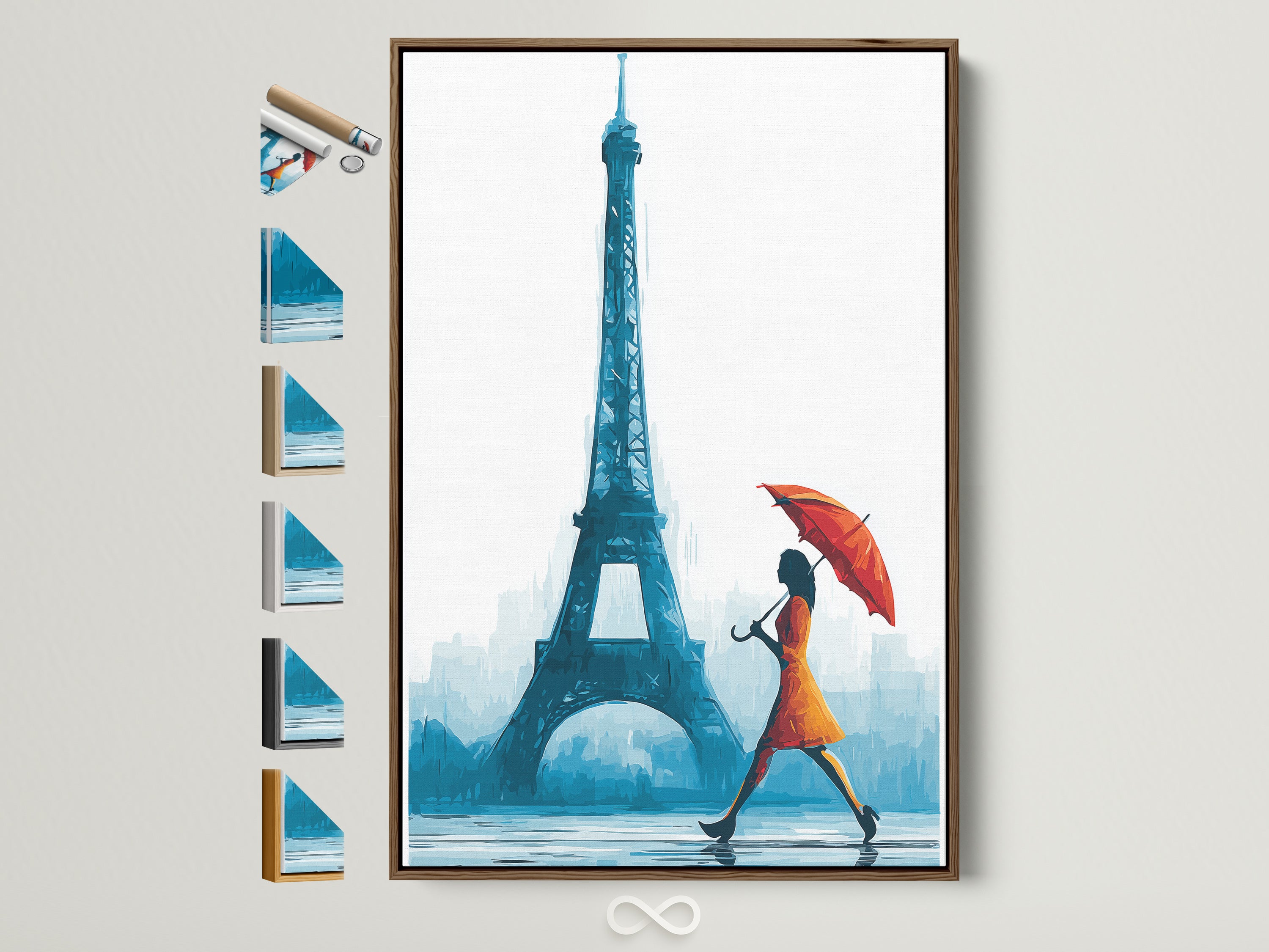 Brown frame showcasing available artwork options. See all frame choices displayed. Find the perfect frame to complement your Eiffel Tower art. Enhance your living room wall art today. Discover Parisian prints and teal blue art to elevate your space. Find office wall decor and travel canvas prints. Explore French artwork and Parisian decor options