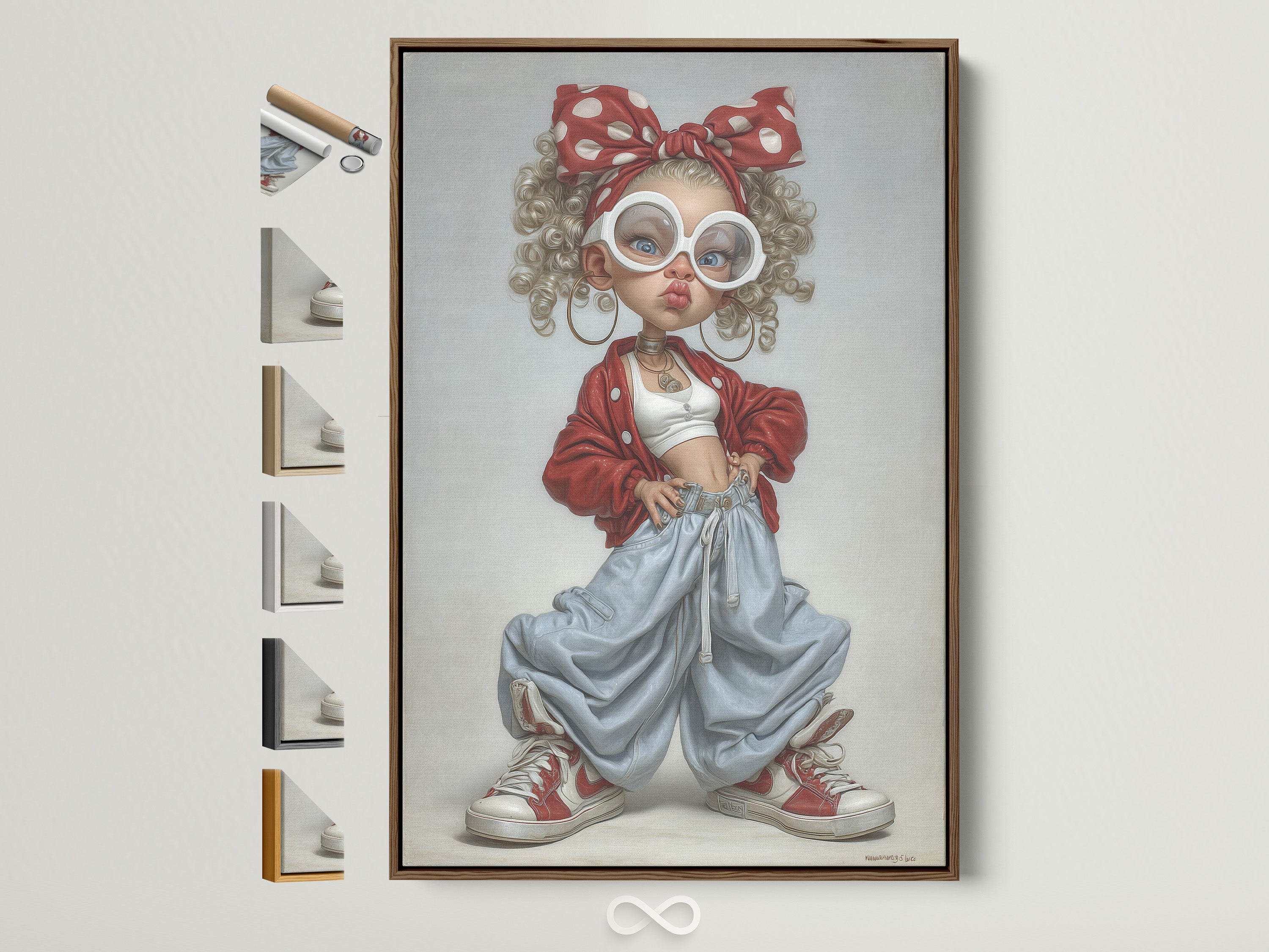 A framed artwork hangs on a white wall. The artwork features a stylish young girl. She wears a red polka dot headscarf large white glasses and baggy clothes. The frame is brown. It showcases all available frame options on the side. Perfect for adding character to any room