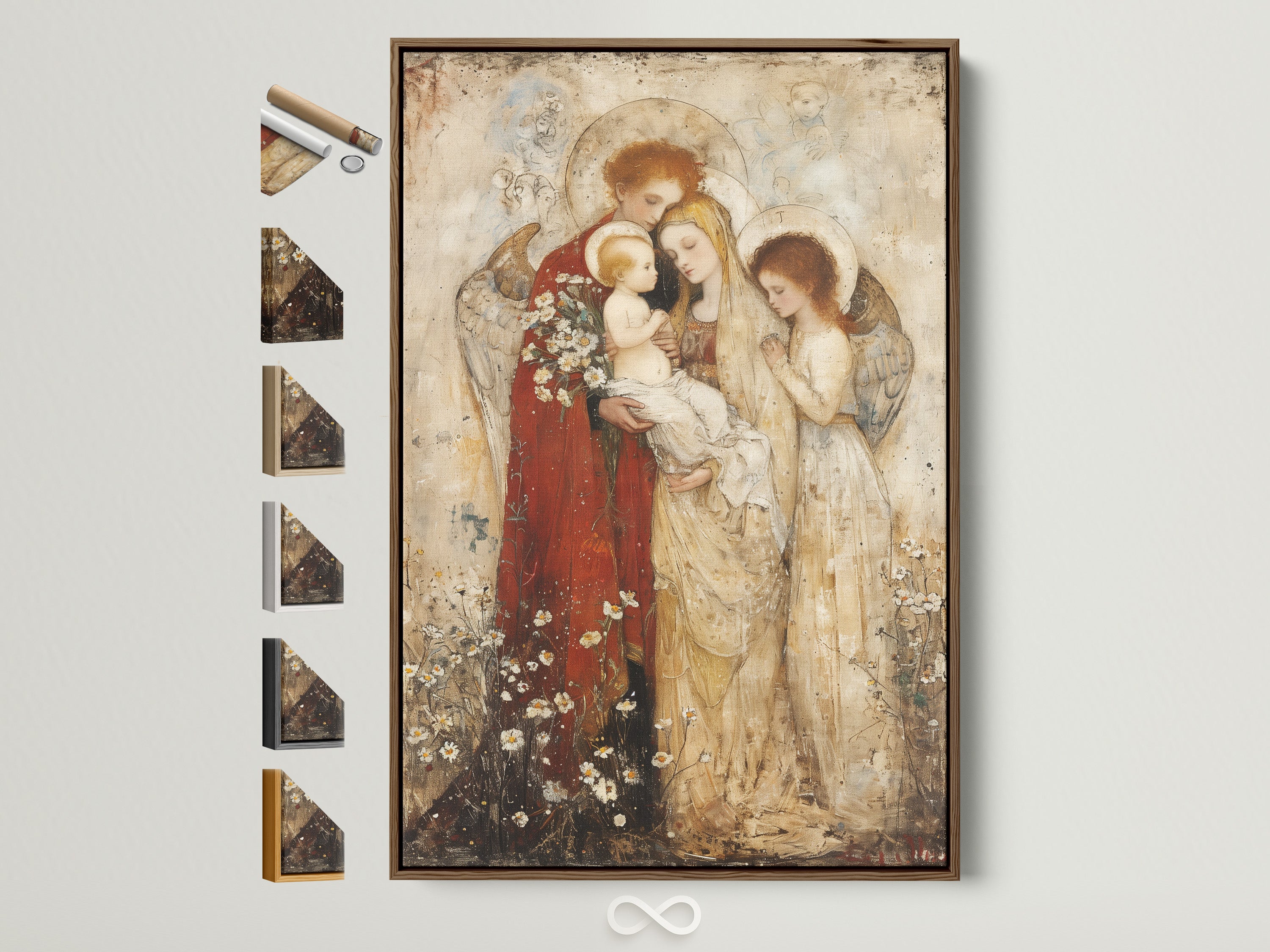 Madonna and Child Renaissance religious artwork in a brown frame. The frame sits against a white wall. Frame options are displayed on the side. Perfect sacred art for homes or businesses.