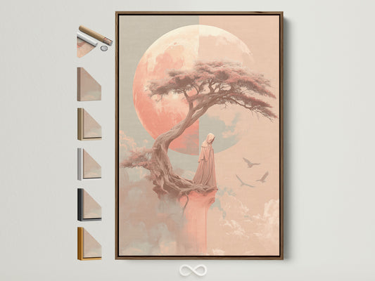 Zen Tree art print with a brown frame. This coral pink meditation canvas wall art provides peaceful bedroom decor. Frame options displayed on the side show available choices. It's perfect for creating a serene space.