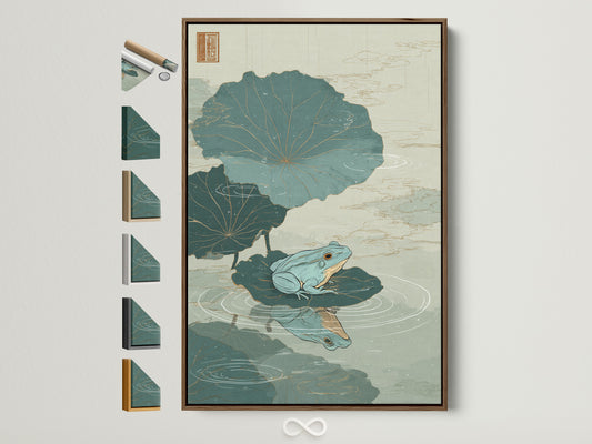 Artwork featuring a green frog sitting on a lily pad in a brown frame. Various frame options are displayed on the side. Perfect wall art for nature lovers. This framed artwork adds a touch of elegance to any room. Find the perfect frame to complement your artwork.