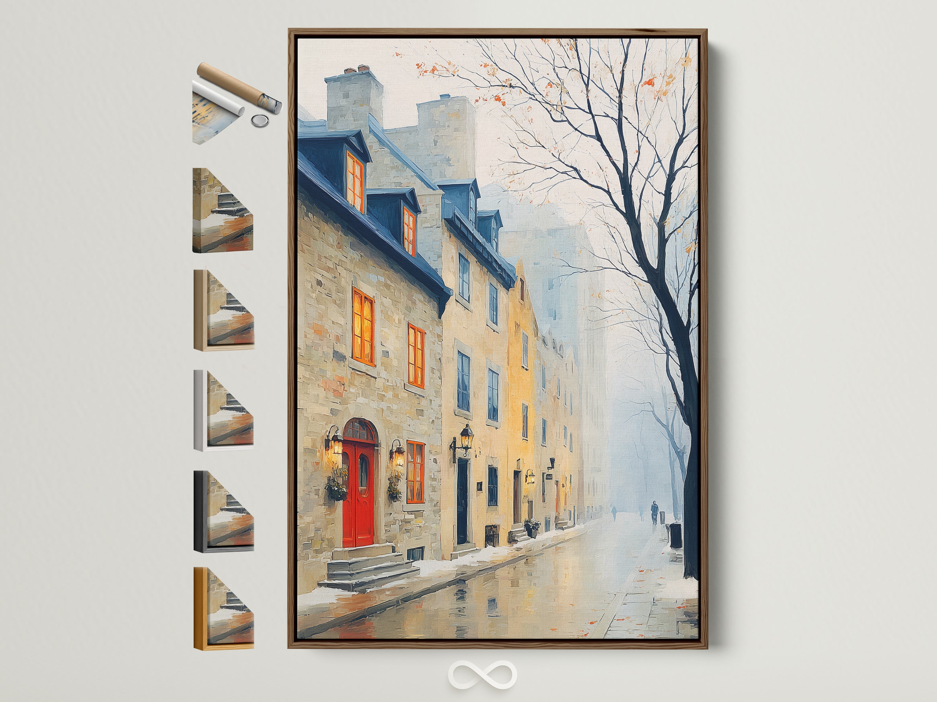 Brown frame displays a vintage European cityscape art print. The artwork captures a foggy street scene with classic buildings. Perfect study room decor or living room art. Add antique style to your home with this urban landscape.