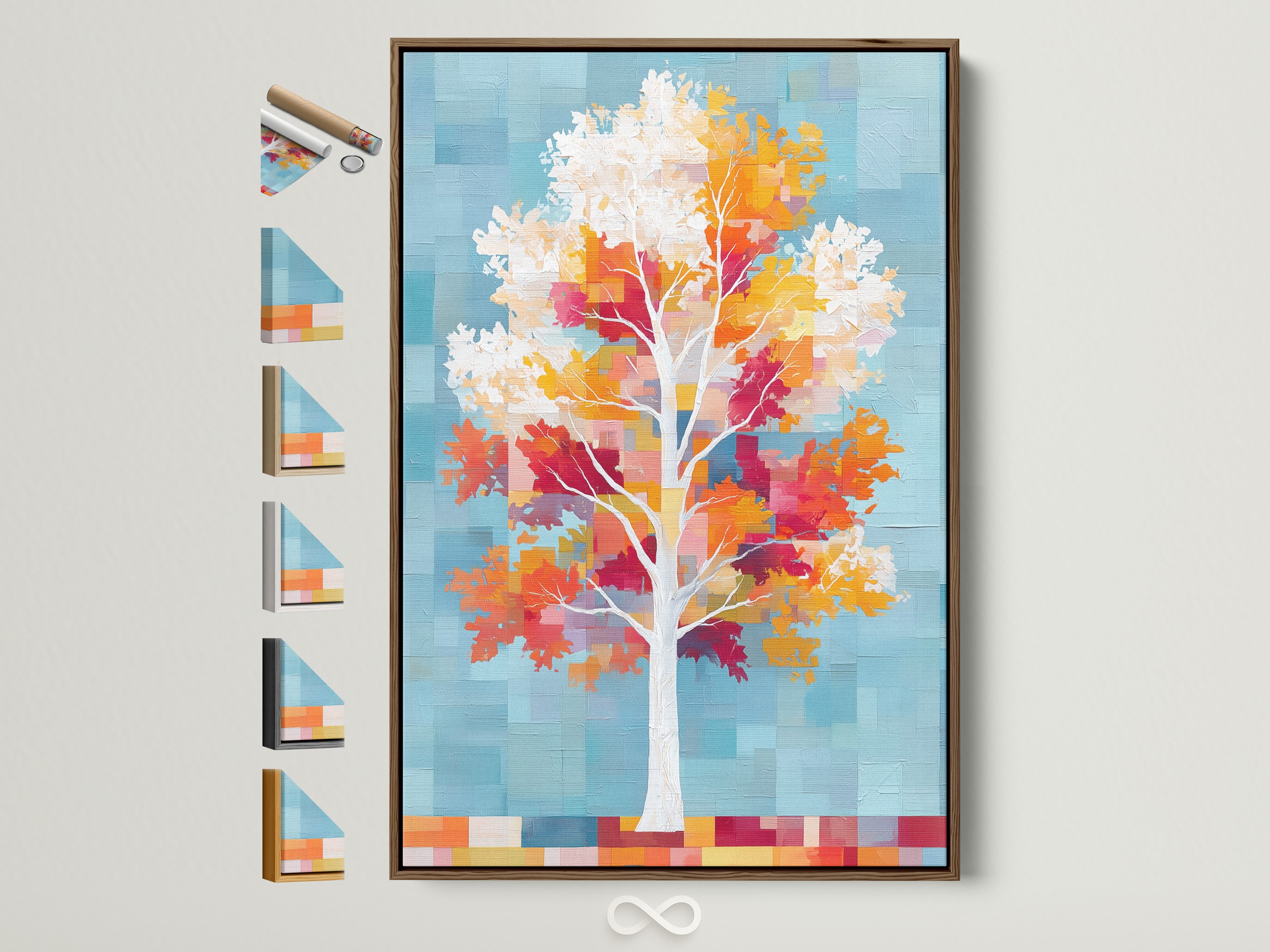 A colorful tree art print is displayed within a brown frame. This autumn leaves canvas wall art adds a touch of nature to any room. Various frame options are showcased around it. It is perfect for enhancing bedroom wall decor with pixelated nature artwork.