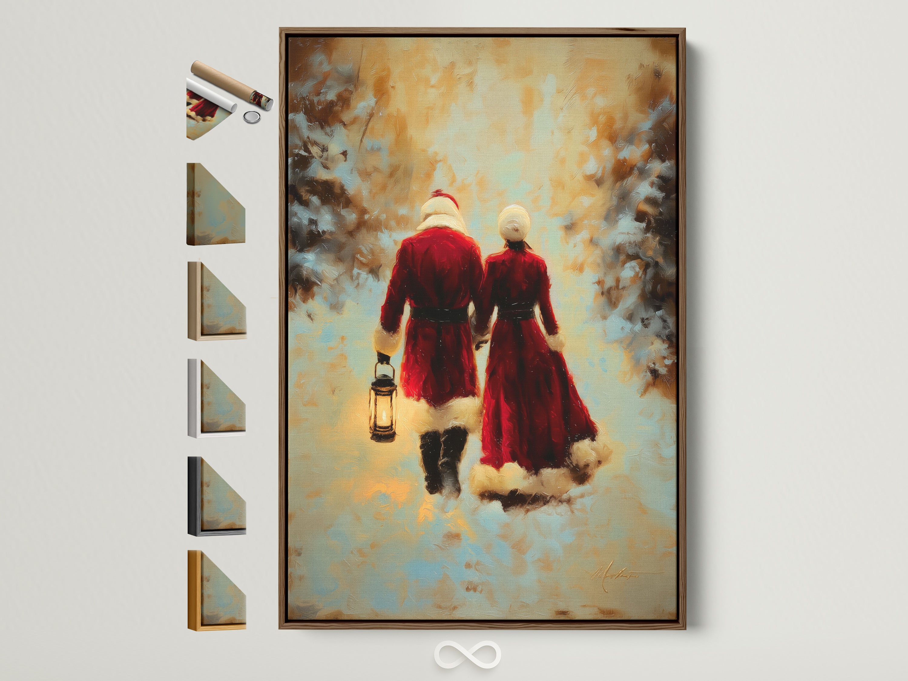 Explore our framed artwork options. See a Victorian style winter couple art piece. It features a brown frame. All frame style options are displayed. Perfect for festive wall decor.