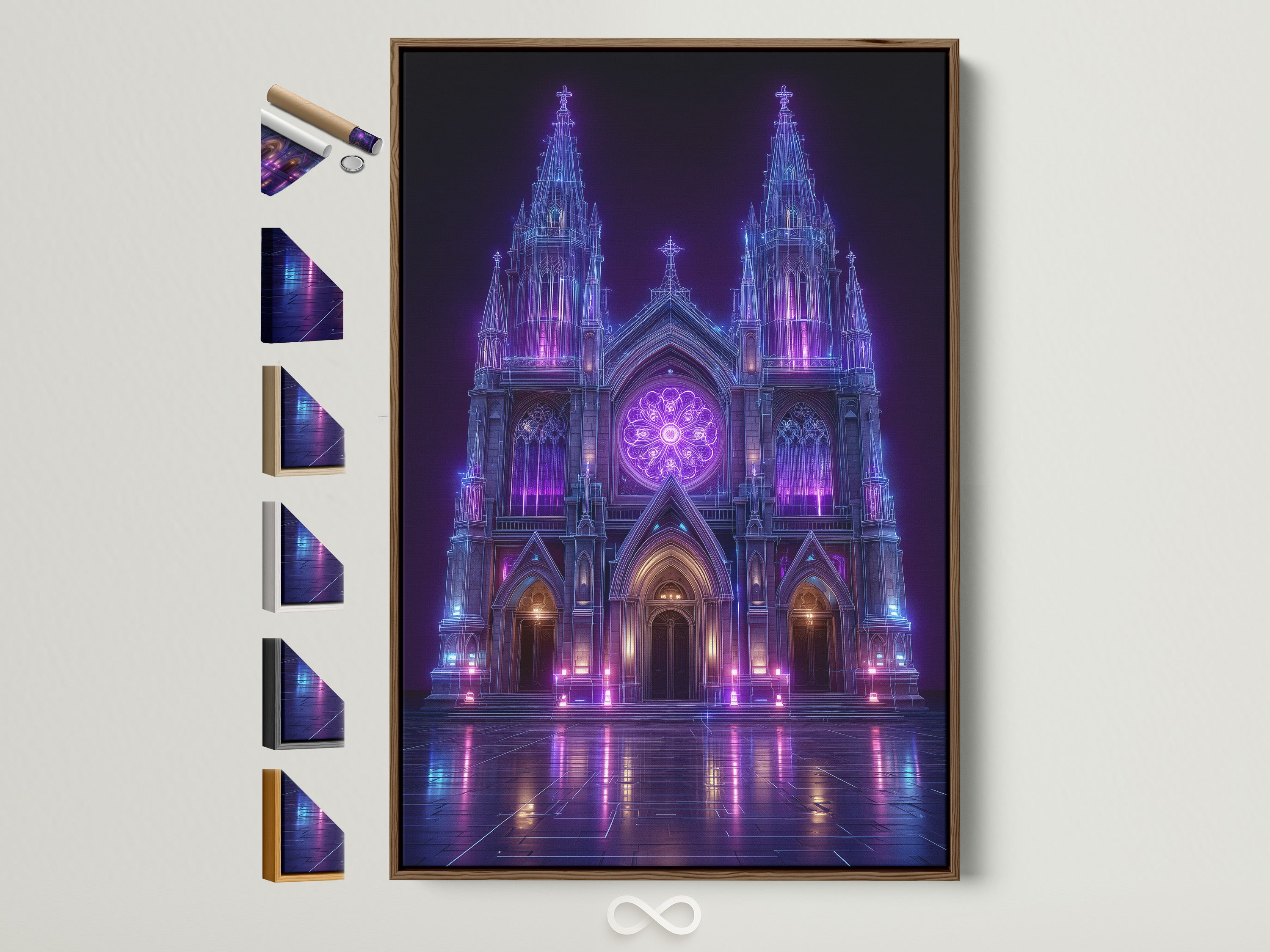 Explore options for framing your gothic cathedral art. This brown frame displays all available frame styles. See how each frame enhances the neon purple architecture wall art. Perfect for your cyberpunk church poster or office wall decor.
