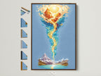 Abstract spiritual artwork with fire water elements in a brown frame. This canvas print features blue orange art perfect for a meditation room. See all frame options available for this piece of zen wall decor.