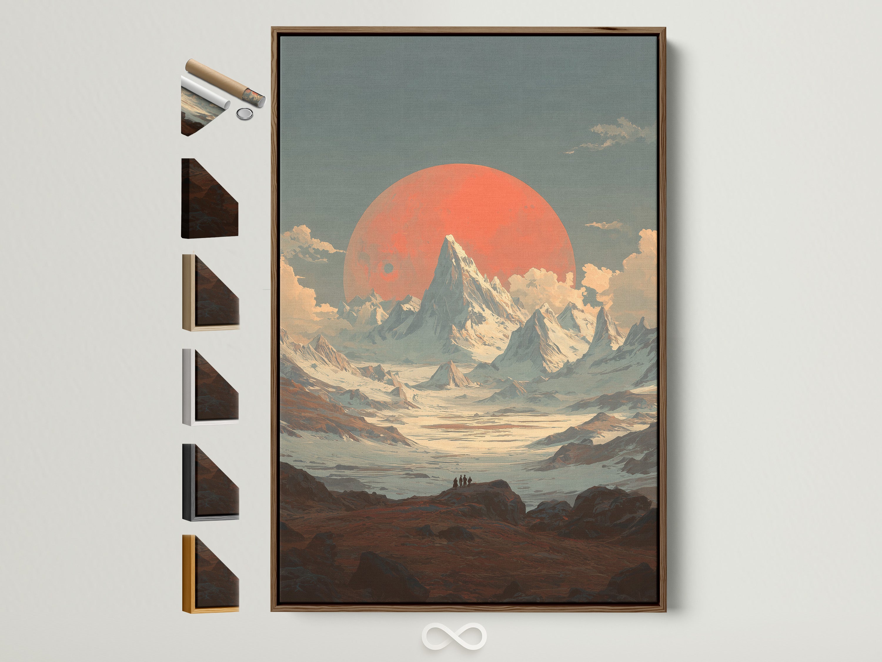 A mountain sunset artwork is showcased in a brown frame. The artwork features a vintage alpine landscape. A coral sun print adds a touch of warmth. Frame options are displayed on the side. Perfect wall art for rustic and minimalist decor styles.