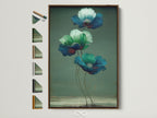 Explore floral canvas prints with a brown frame. This botanical art features blue and green hues. Discover framed artwork options displayed on the side. Elevate your bedroom decor with modern flower artwork.