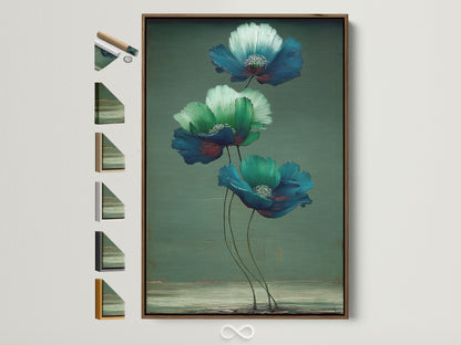 Explore floral canvas prints with a brown frame. This botanical art features blue and green hues. Discover framed artwork options displayed on the side. Elevate your bedroom decor with modern flower artwork.