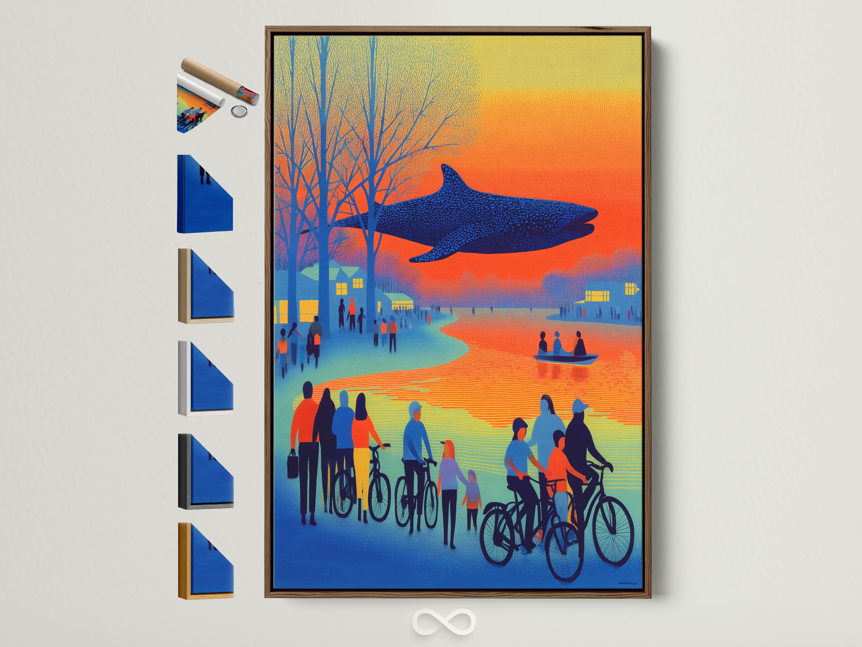 A brown frame displays a surreal whale canvas print. The artwork shows lakeside bicyclists in retro orange and blue tones. Frame options are visible on the side offering various choices. Elevate your office decor with this quirky colorful print. A perfect blend of vintage poster style and modern art.