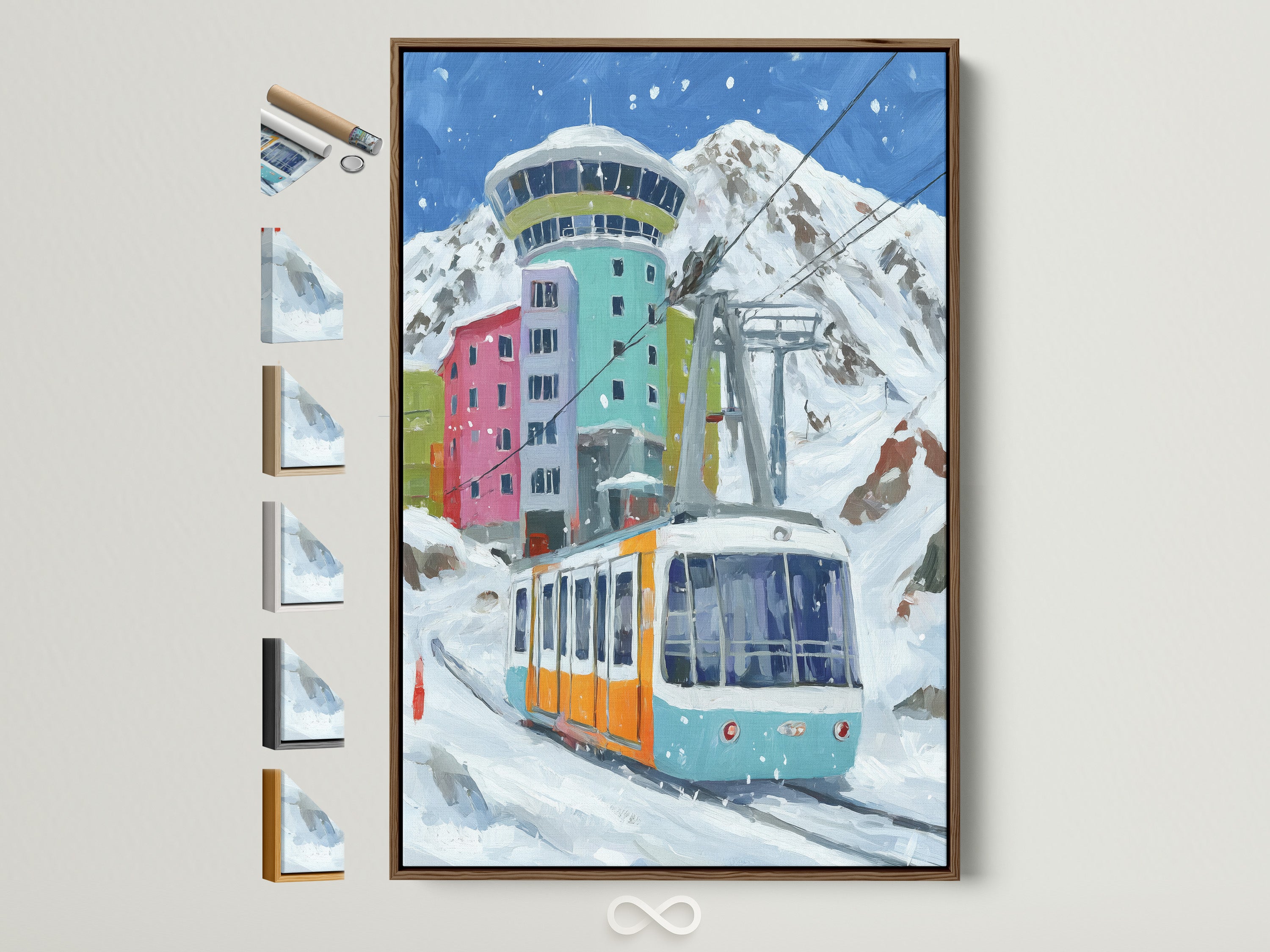 Framed alpine cable car art print on a wall. The frame is brown. See all available frame options for this colorful mountain village artwork. Perfect cabin wall decor. The style is lodge with blue and orange.