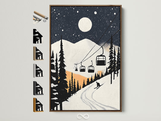 Elevate your space with our Ski Resort Canvas Print. This winter mountain art features a vintage ski lift. This print is framed in a rich brown frame. Discover all frame options to perfectly match your lodge decor. The snowy night scene adds a touch of winter charm to any room.