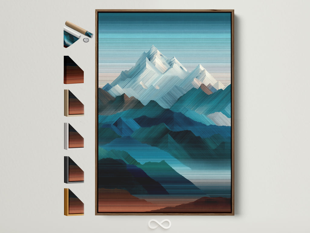 Brown frame displays mountain artwork. Frame options are showcased on the side. Find the perfect frame for your art. Discover various frame styles. This artwork enhances any room. Shop now