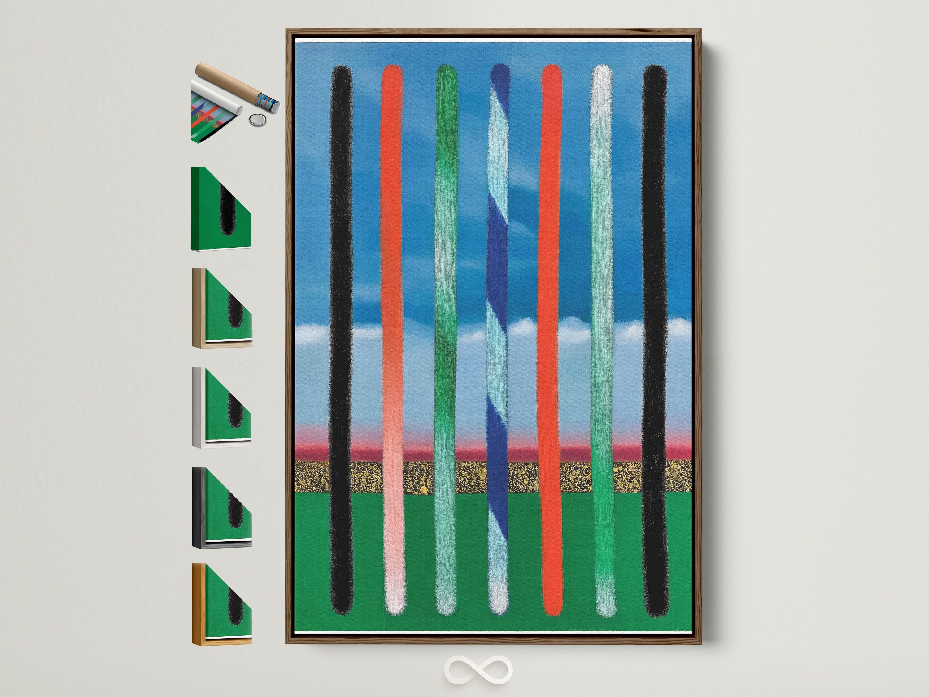 Explore framing options with this brown frame artwork. See all available frame styles displayed side-by-side. This allows you to visualize the perfect complement to your art. Discover the ideal frame to enhance your space. Find your perfect match today.