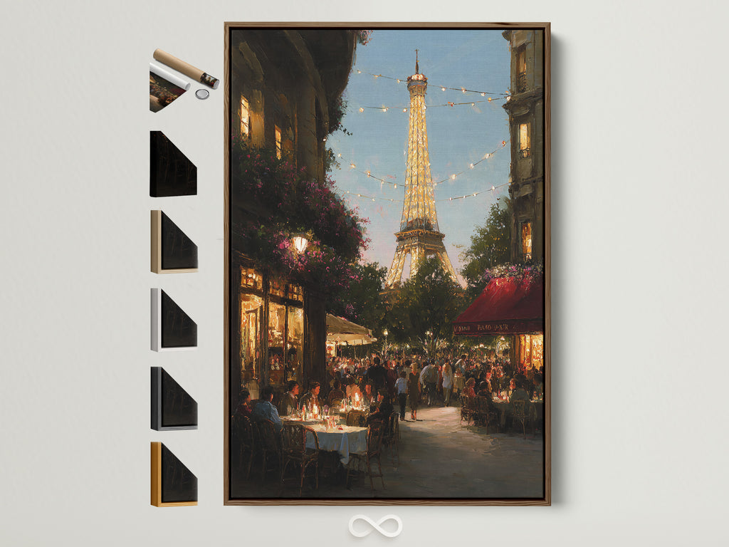 A beautiful artwork of the Eiffel Tower in Paris is displayed in a brown frame. All frame options are available on the side. The art piece brings a touch of Parisian elegance to any space. Discover framing options to perfectly complement your artwork.