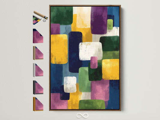 Abstract Geometric Canvas artwork in a brown frame. It features colorful blocks in blue yellow and purple. Various frame options are displayed. Perfect Modern Wall art for minimalist and eclectic decor styles.