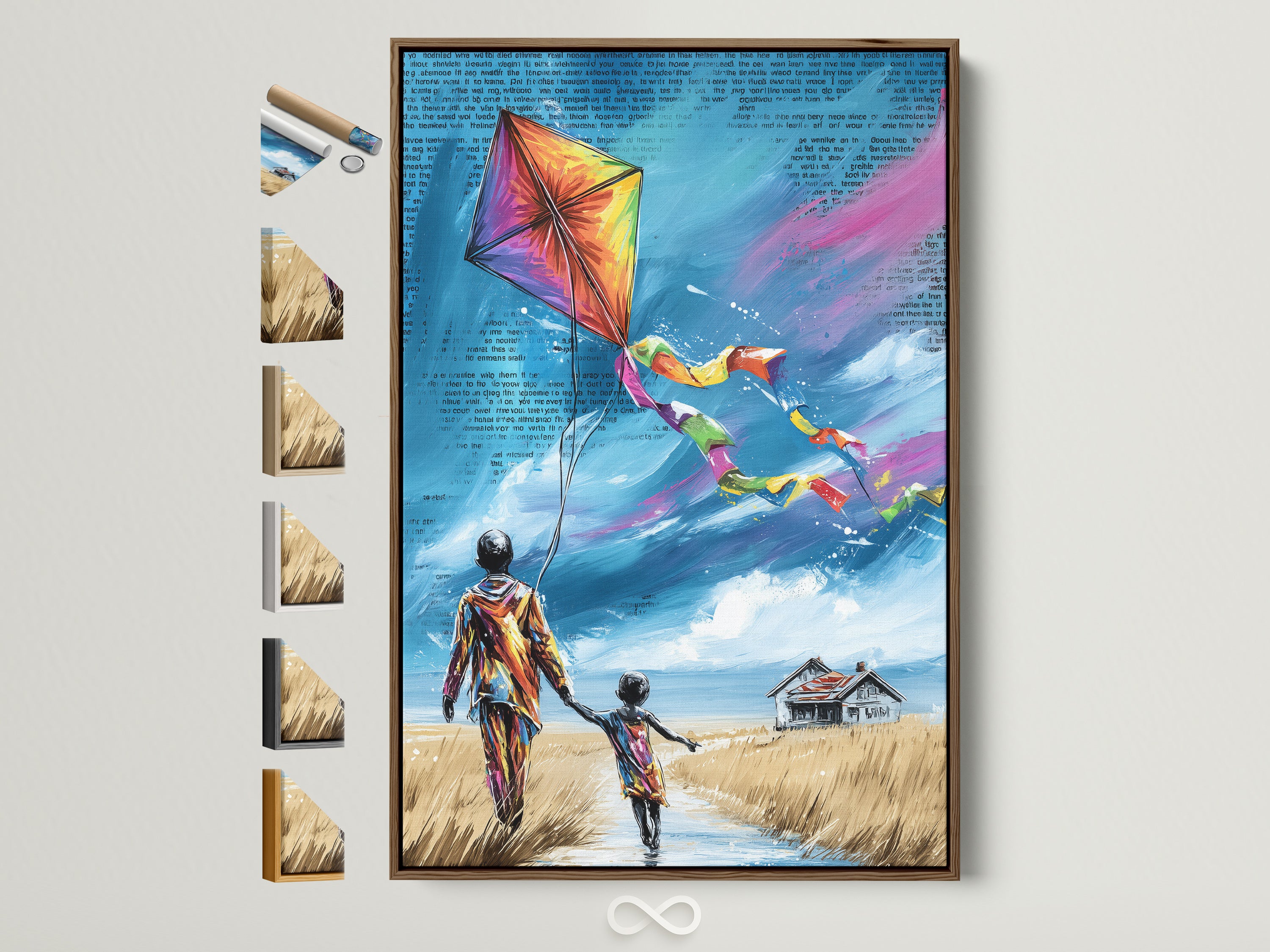 Framed kite flying artwork is on display. This piece features a vibrant kite soaring above a child and adult figure. The artwork's brown frame complements a variety of wall colors. See all our frame options to customize your space with colorful artwork celebrating childhood memories.