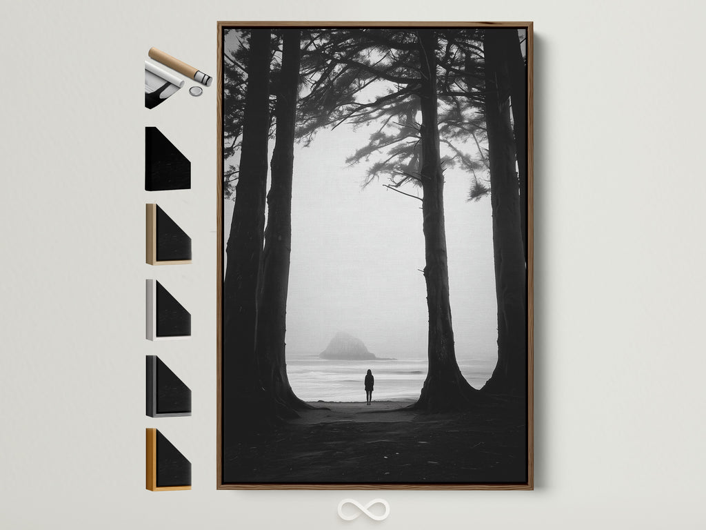 Artwork featuring a black and white image of a solitary figure on a beach framed by trees. The art is displayed in a brown wooden frame. Various frame options are showcased beside it. Explore framing options for your artwork.