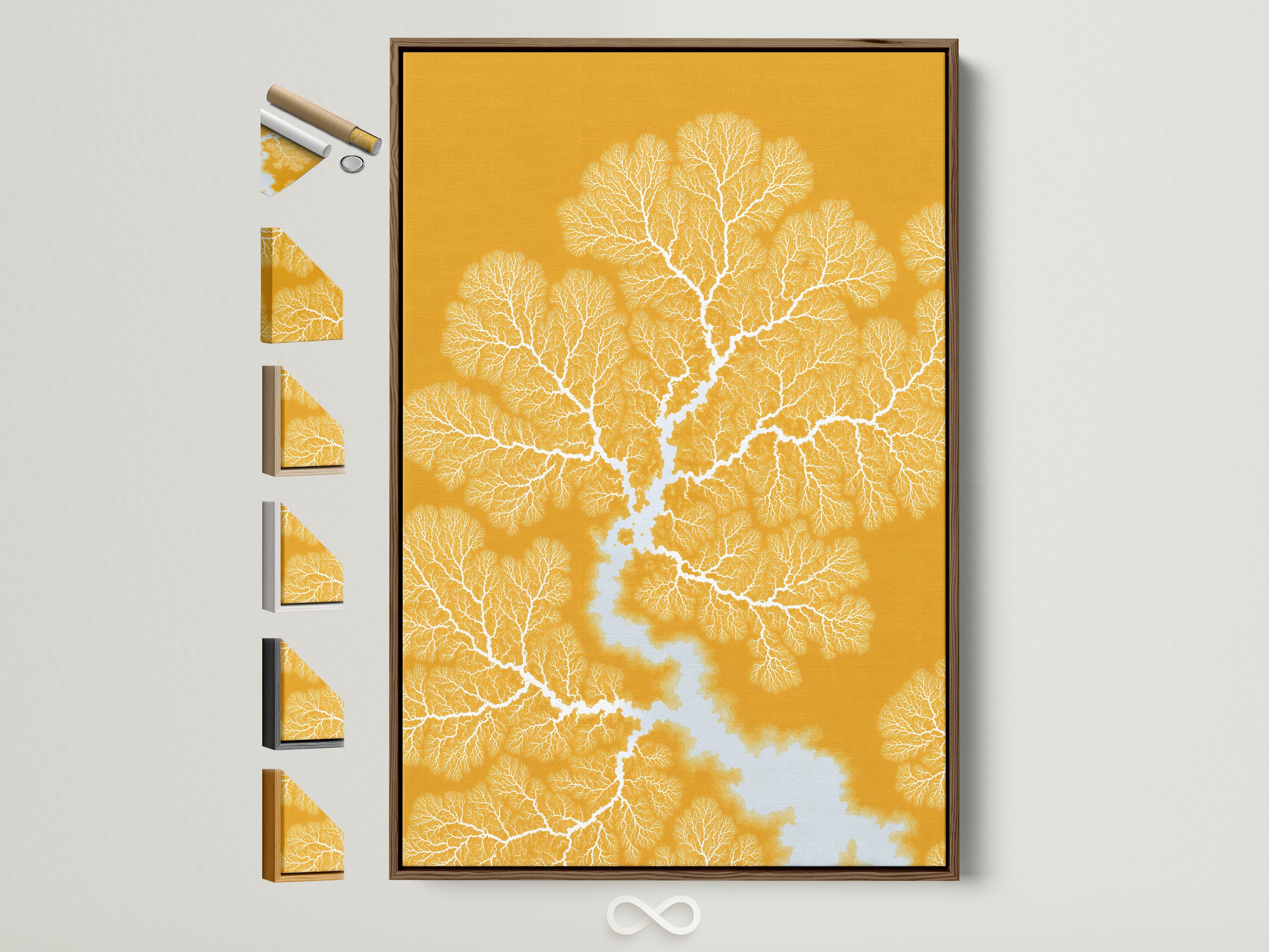 Abstract branching artwork in a brown frame. This modern organic artwork features a mustard yellow background with white branching patterns. The artwork is displayed with frame options on the side. Perfect for study room decor minimalist aesthetic.