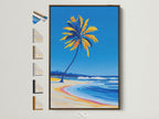 Palm Tree Beach Art in a brown frame. This tropical coastal artwork brings the serenity of ocean waves to your living room or bedroom.  Explore frame options to match your decor style.  Find the perfect nautical art for your beach house or coastal-themed space.